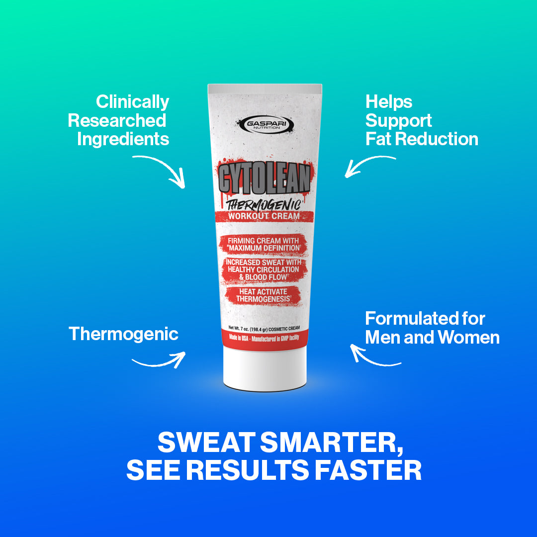 CYTOLEAN CREAM - THERMOGENIC WORKOUT CREAM by Gaspari Nutrition in a tube. Emphasizes clinically researched ingredients and benefits like thermogenic effects and fat reduction.