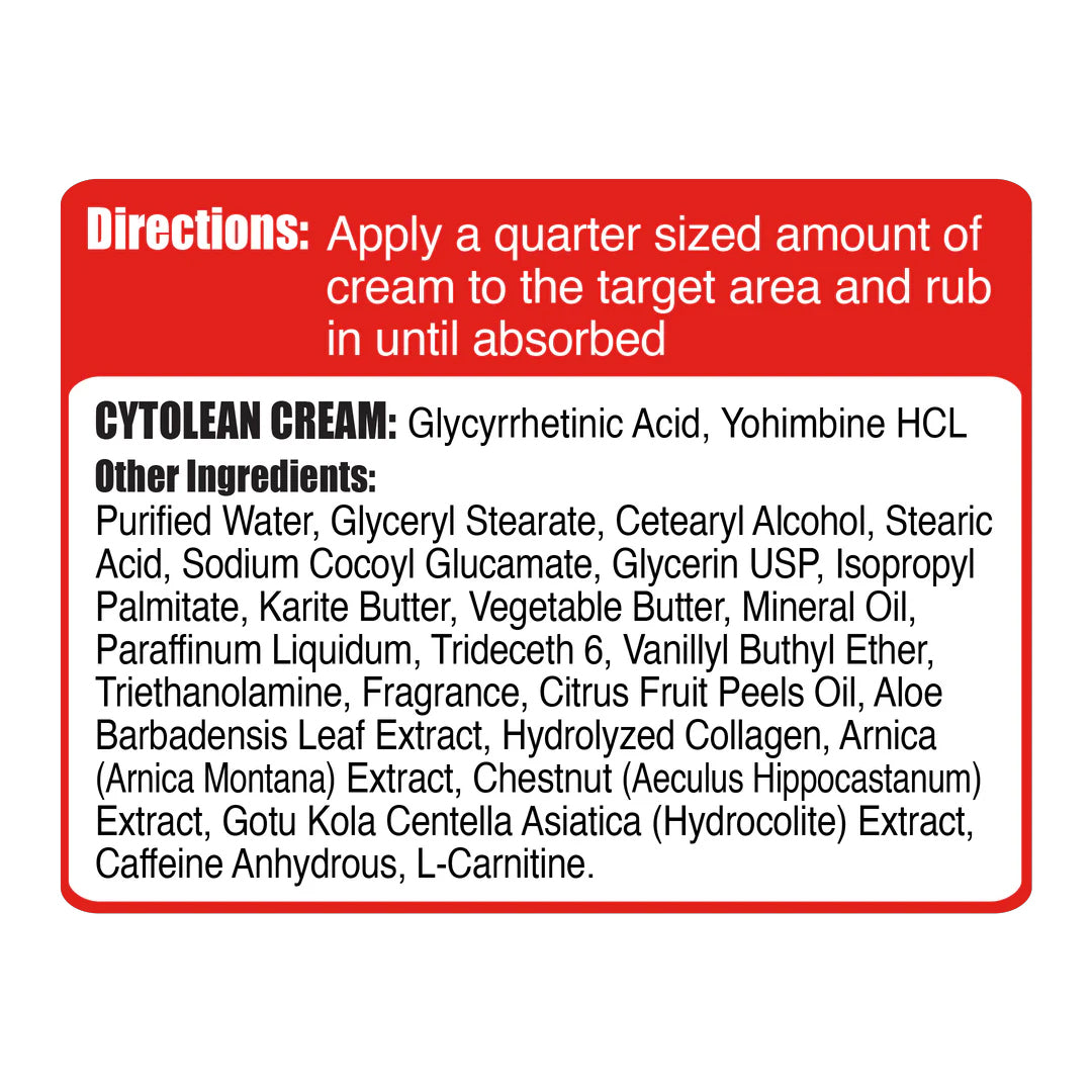 Ingredient list and directions for CYTOLEAN CREAM - THERMOGENIC WORKOUT CREAM by Gaspari Nutrition. Highlights key ingredients like Glycyrrhetinic Acid and Yohimbine HCL.