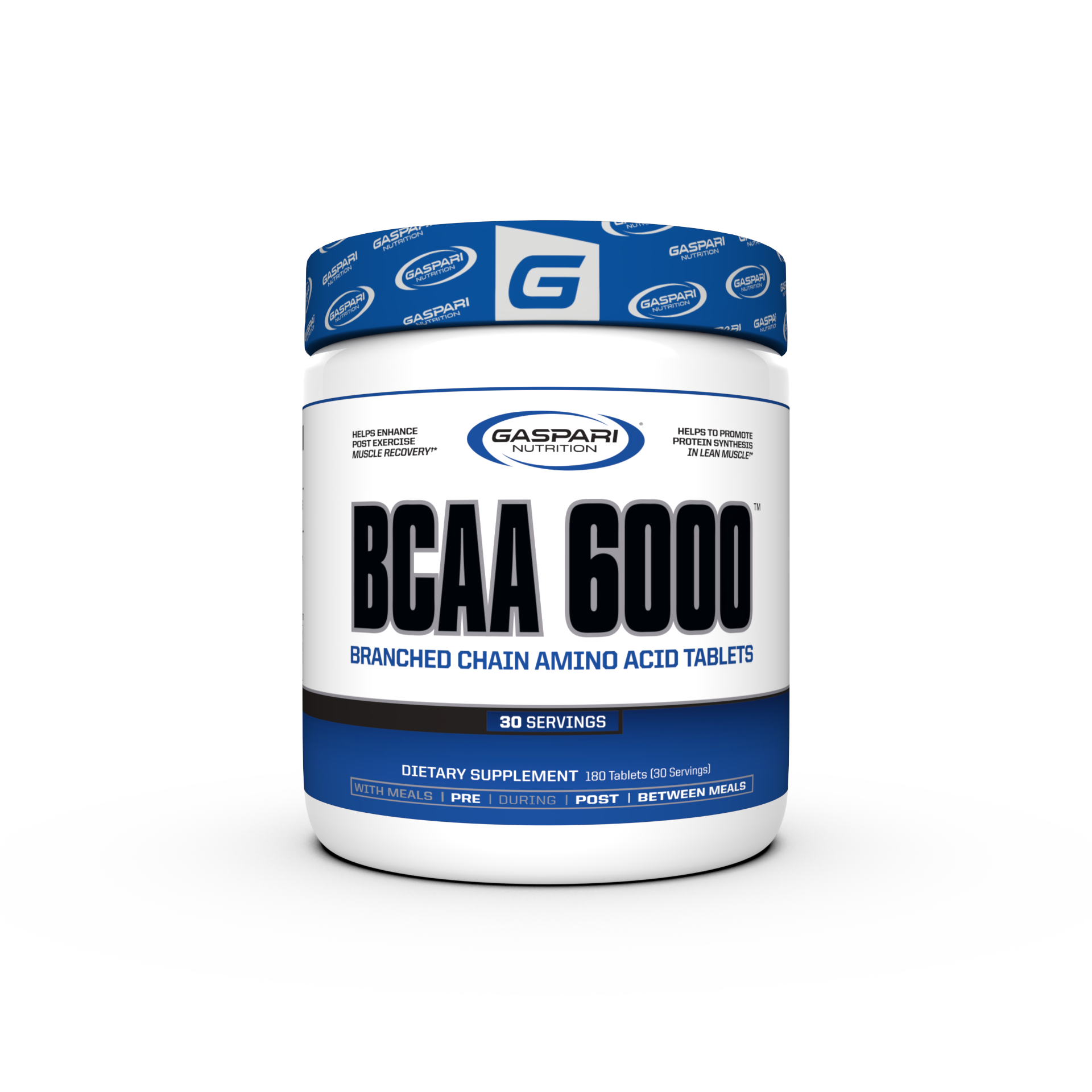 BCAA 6000™ Tablets by Gaspari Nutrition, a dietary supplement designed to enhance muscle recovery with a leucine-heavy formulation.