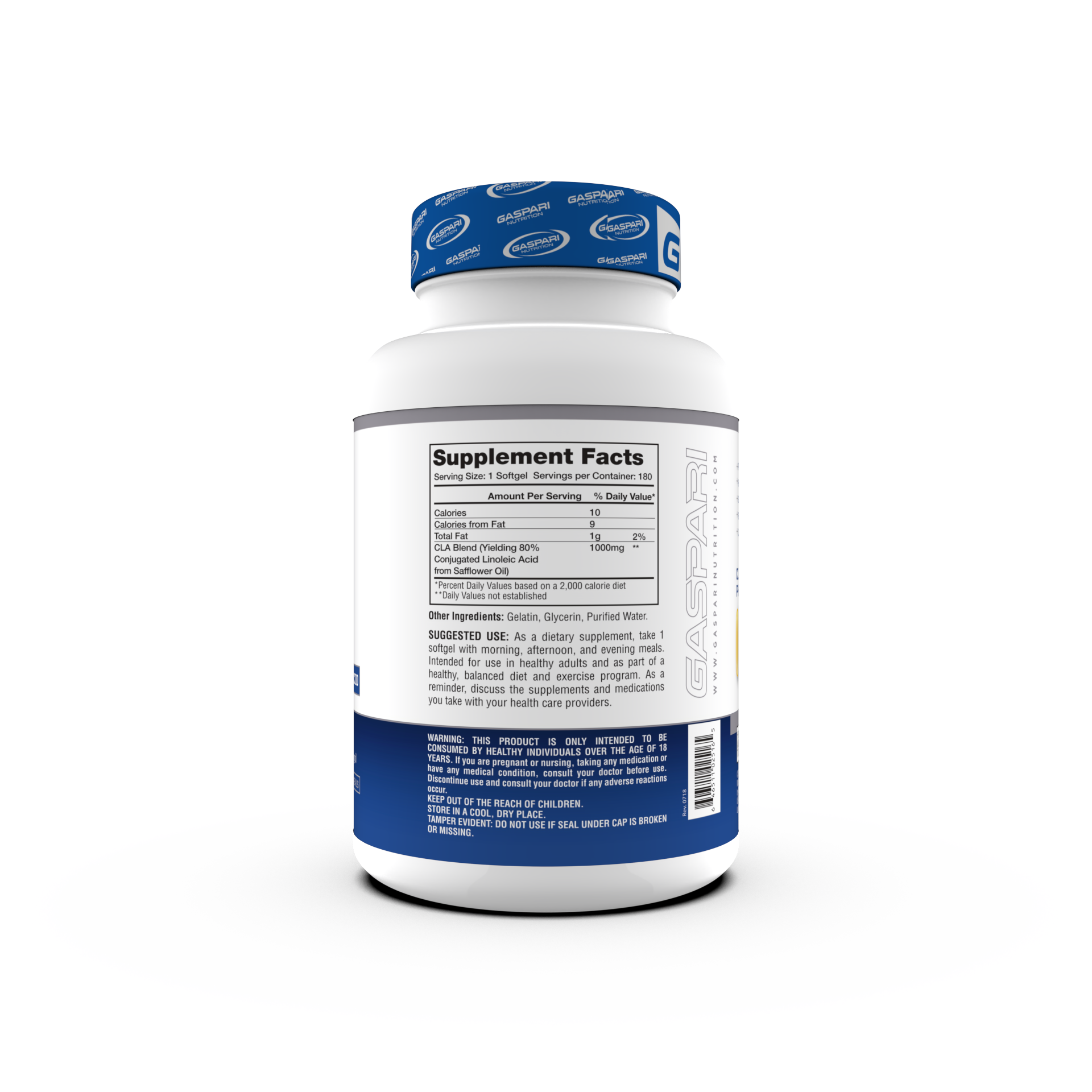 Back view of CLA – 1000mg Softgels for Weight Loss and Muscle Retention by Gaspari Nutrition, displaying Supplement Facts and suggested use.