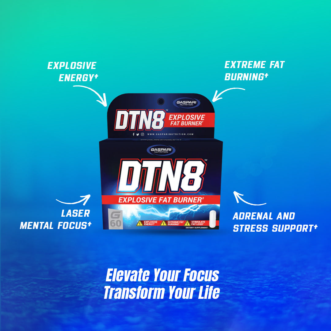 Gaspari Nutrition's DTN8 Explosive Fat Burner featuring powerful energy, fat burning, mental focus, and stress support illustrations.