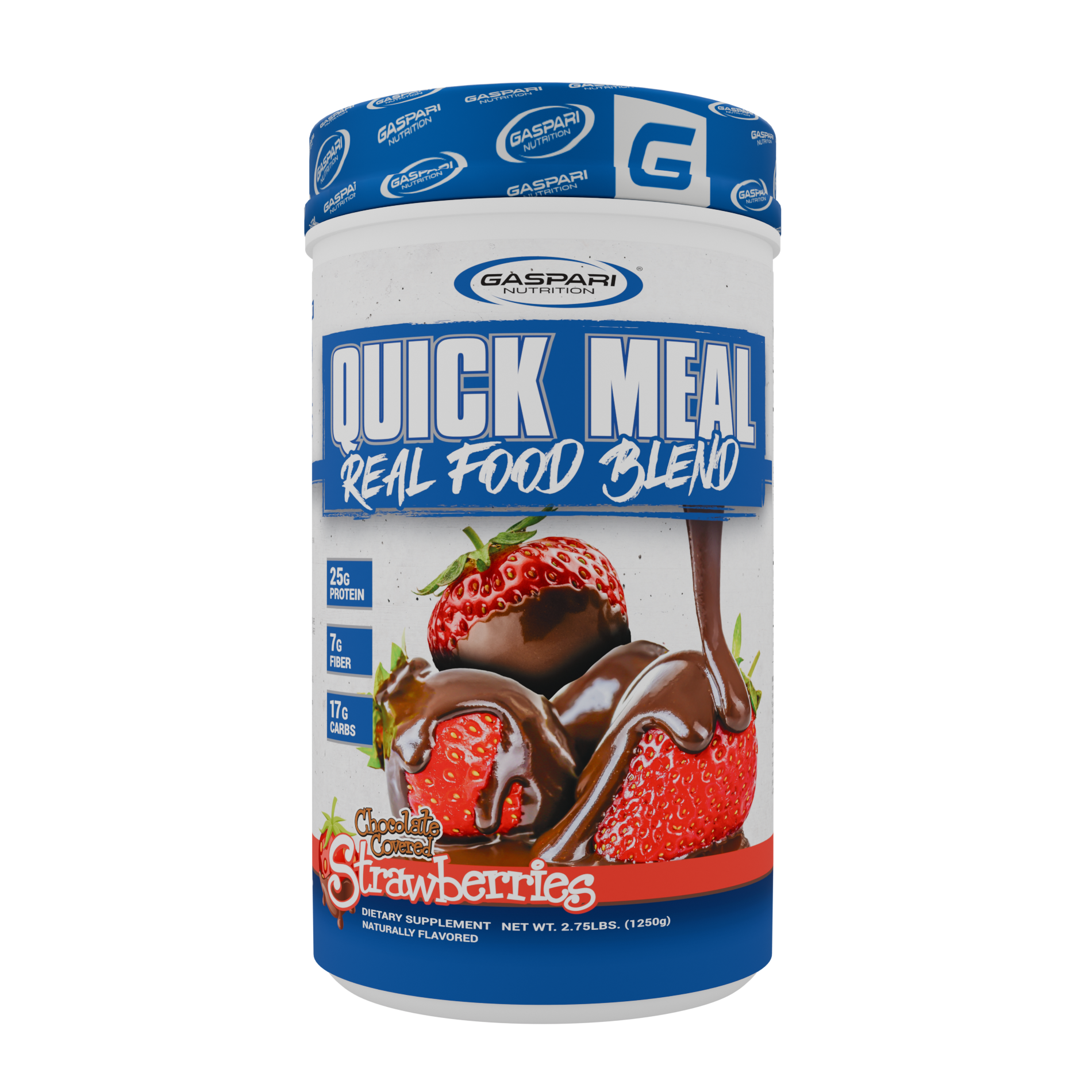 Gaspari Nutrition Quick Meal | Real Food Blend chocolate covered strawberries flavor, showcasing the nutrition profile with 25g protein, 7g fiber, and 17g carbs.