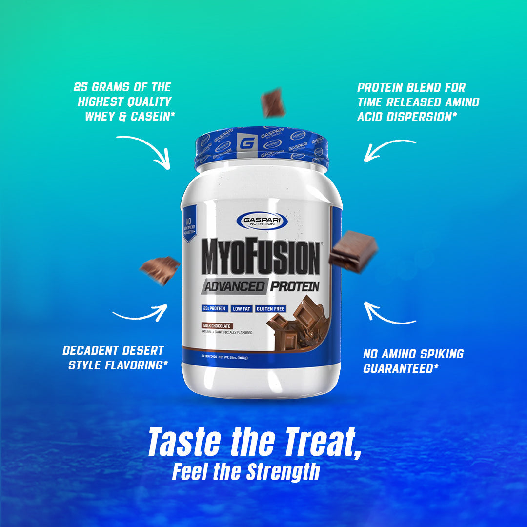 MyoFusion Advanced Protein - Max Chocolate flavor, showcasing its rich protein blend with time-released amino acids.