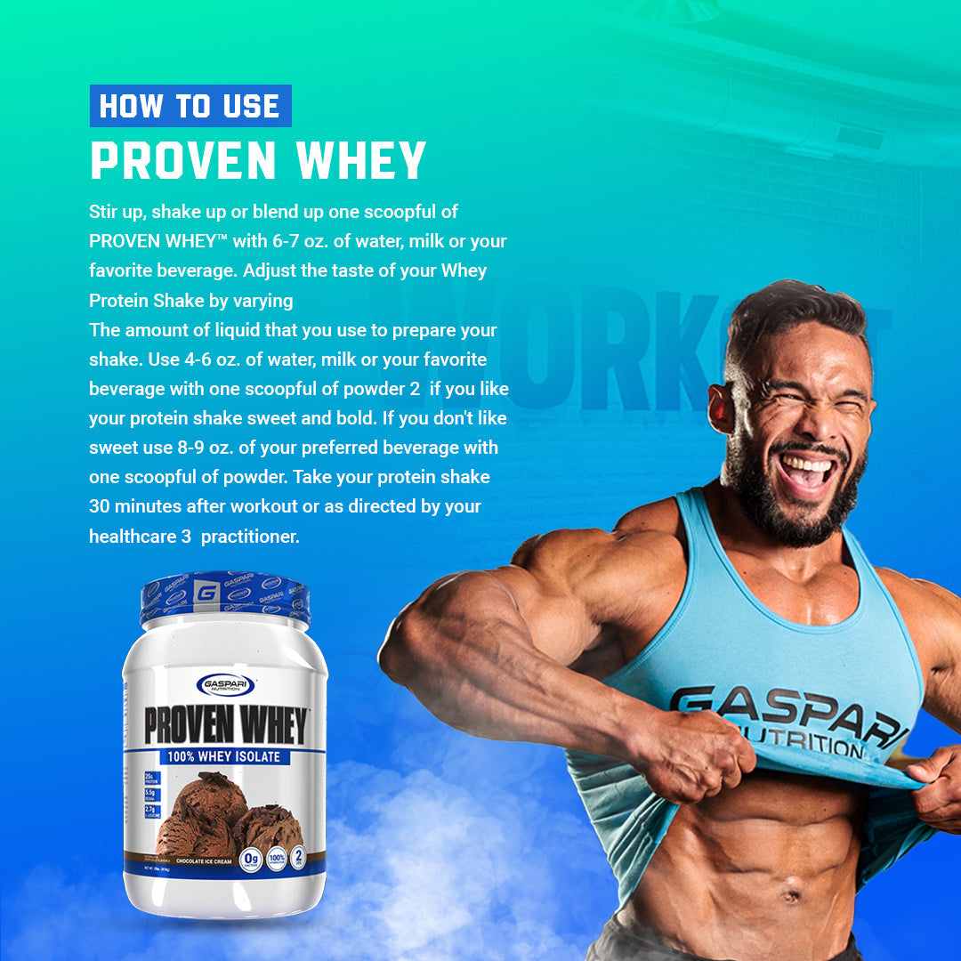 Instructions for using Gaspari Proven Whey – 100% Hydrolyzed Whey Protein Isolate with tips for preparation to maximize Whey Protein intake.