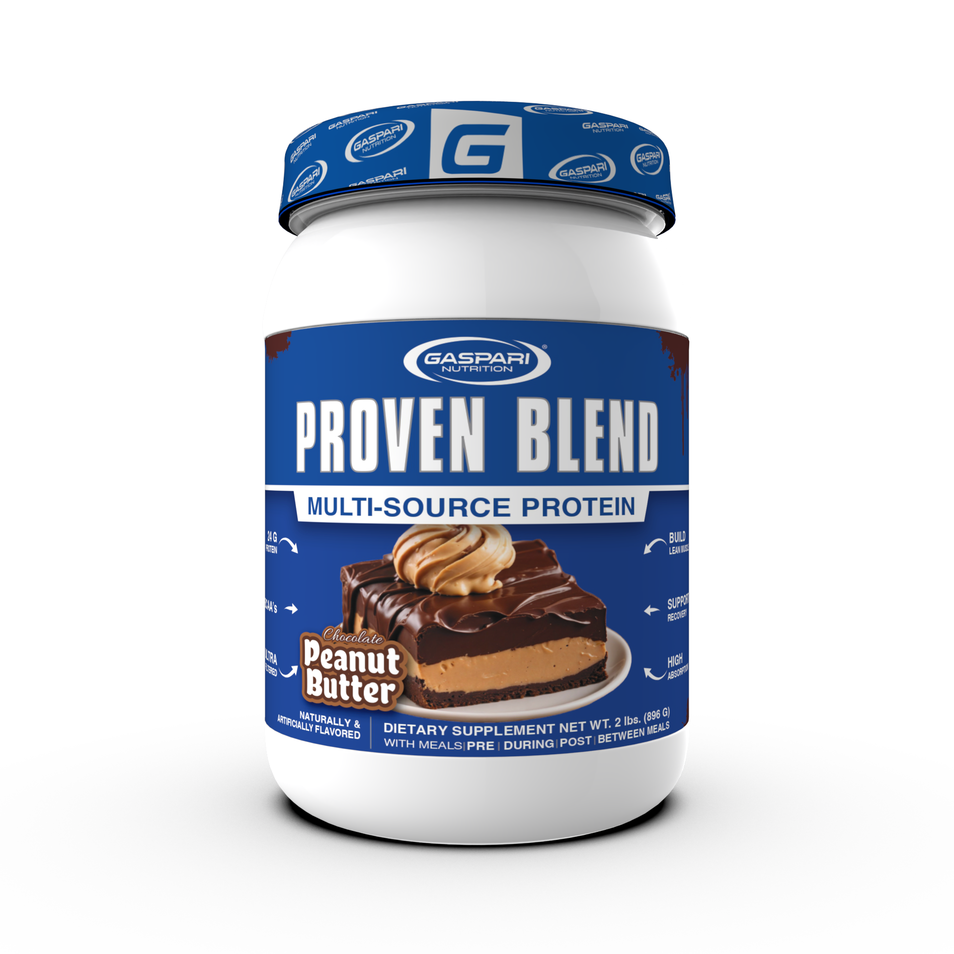 Proven Blend triple protein blend protein powder in peanut butter flavor, offering 24g of protein per serving.