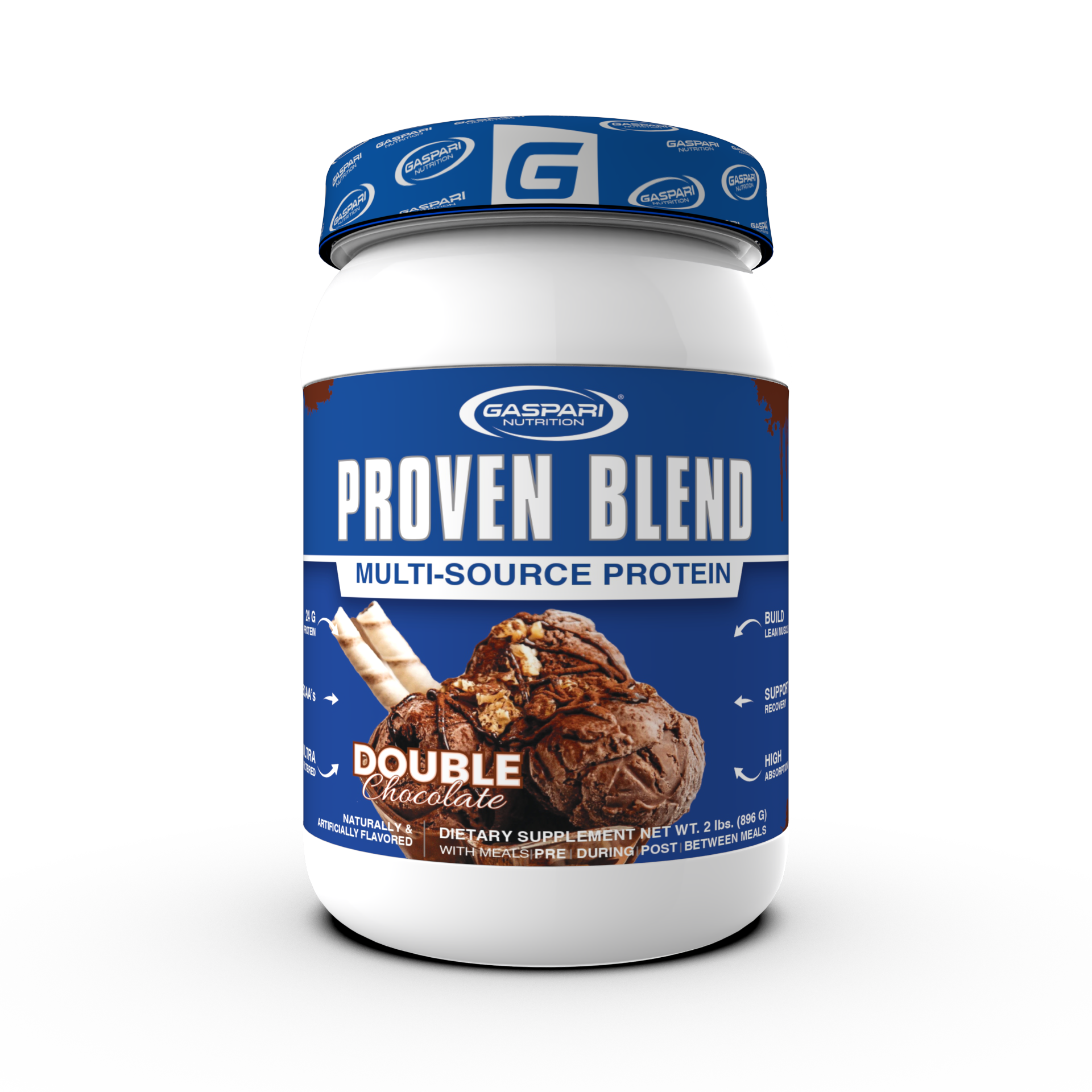 Proven Blend triple protein blend protein powder in double chocolate flavor, featuring 24g of protein per scoop.