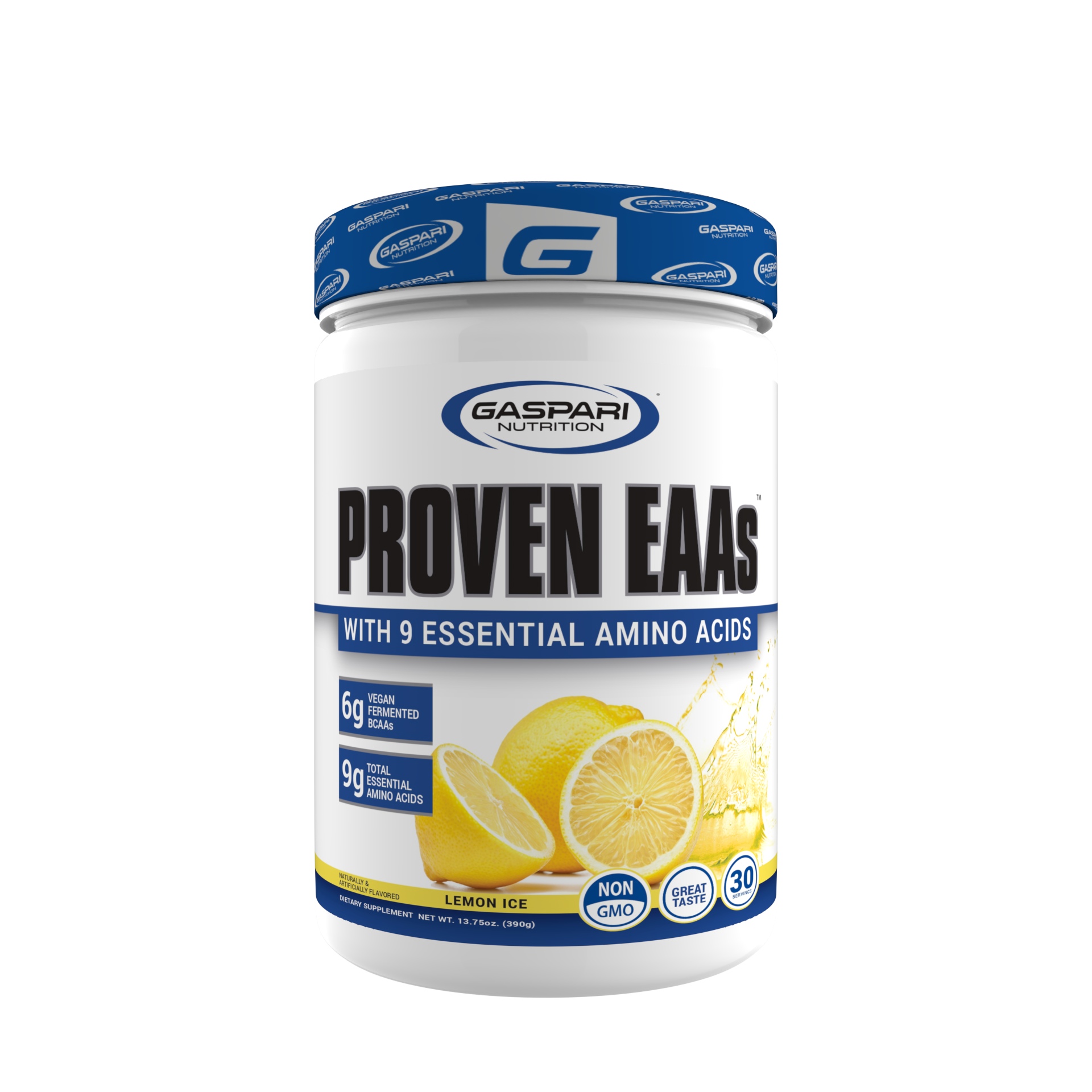 Gaspari Nutrition PROVEN EAAs™ with 9 Essential Amino Acids in Lemon Ice flavor, featuring 6g vegan fermented BCAAs and 9g total amino acids.