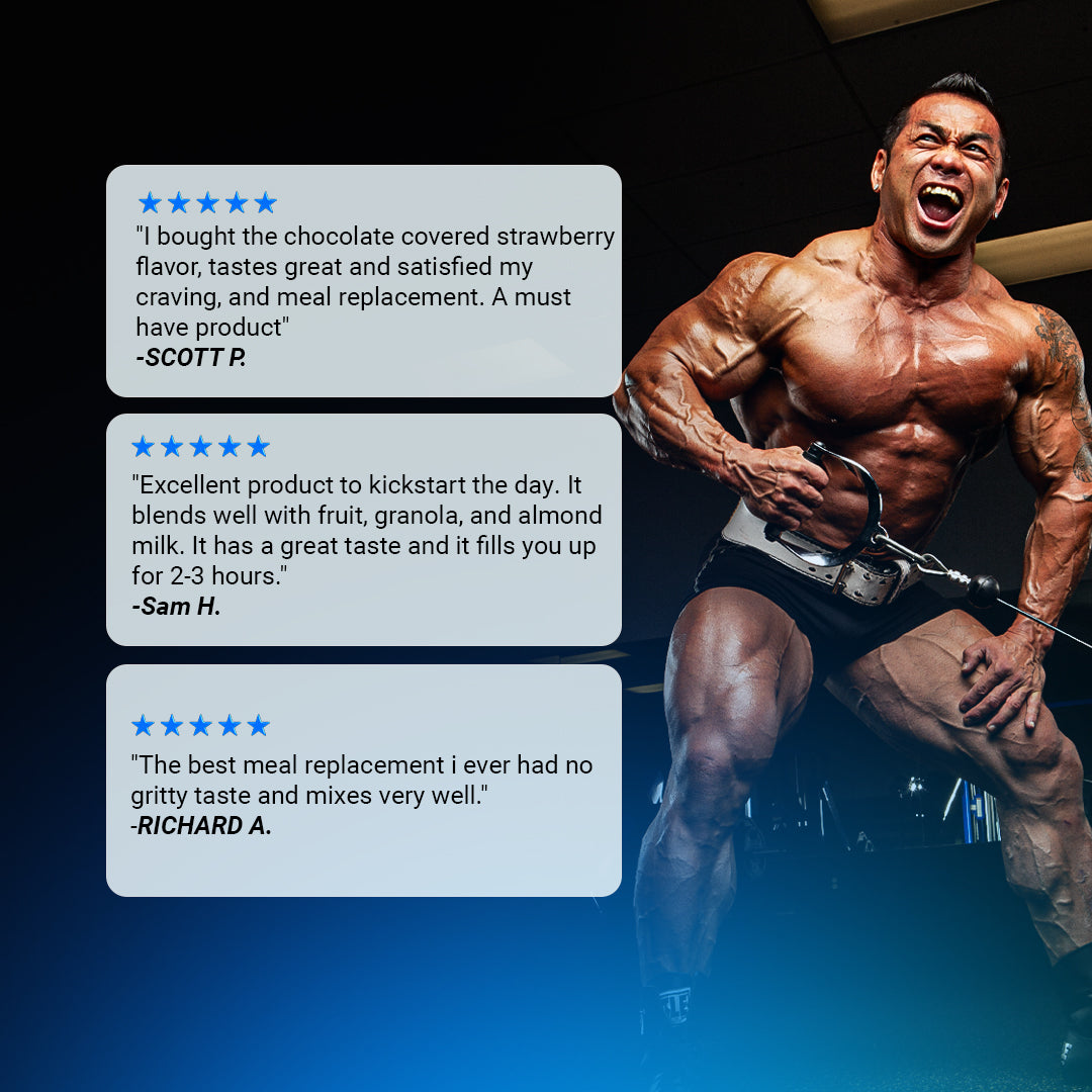 Customer testimonials for Gaspari Nutrition Quick Meal | Real Food Blend featuring positive feedback on taste and effectiveness as a meal replacement.