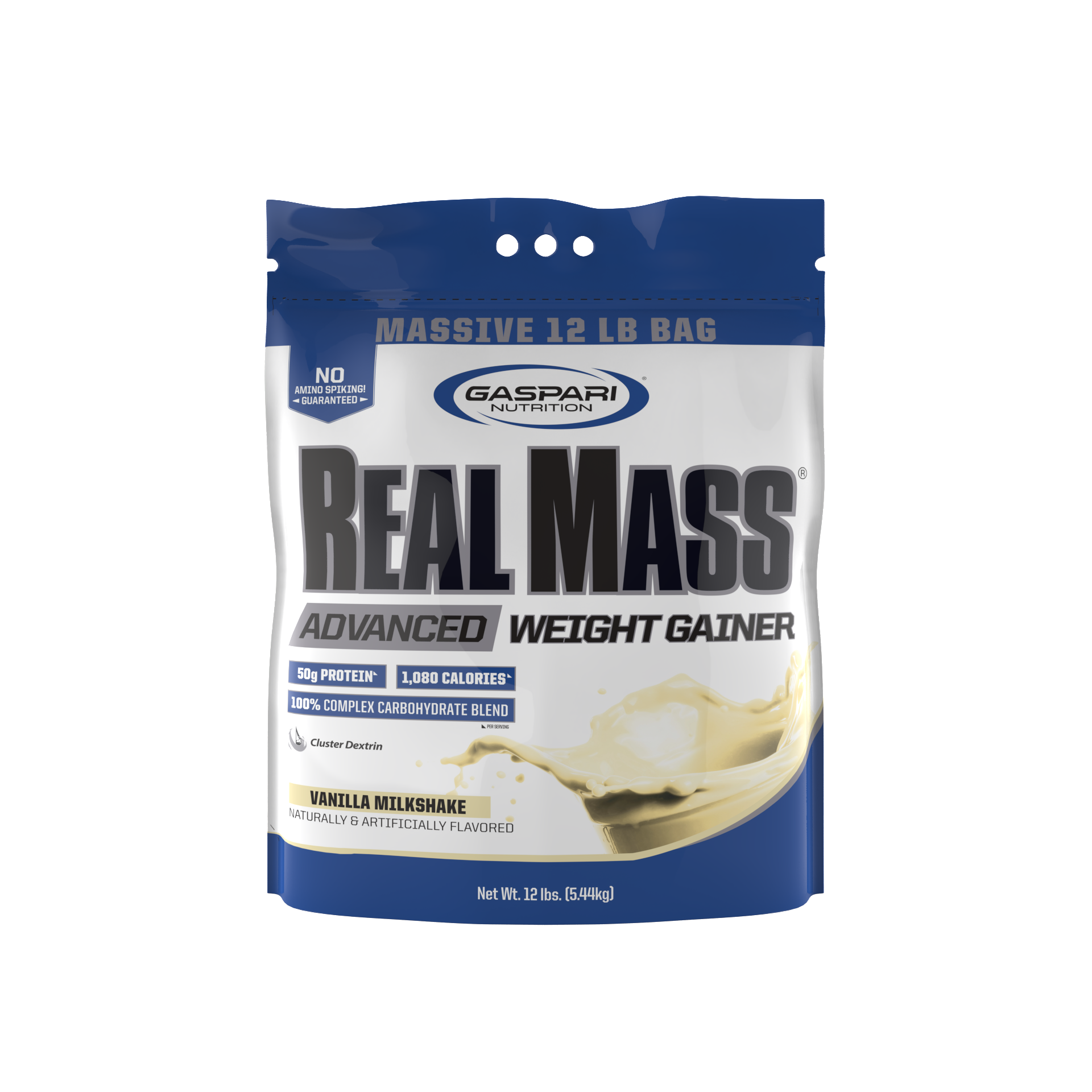 Gaspari Nutrition Real Mass weight gainer in a 12 lb bag with vanilla milkshake flavor, providing high protein and calorie content for effective weight gain.