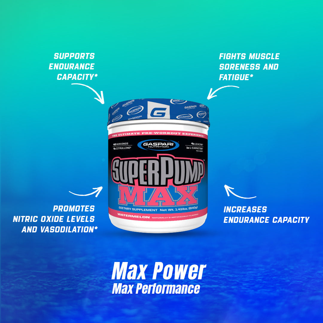 Gaspari Nutrition SuperPump Max pre-workout supplement with highlights of endurance support and muscle fatigue combat, showing the Watermelon flavor container.