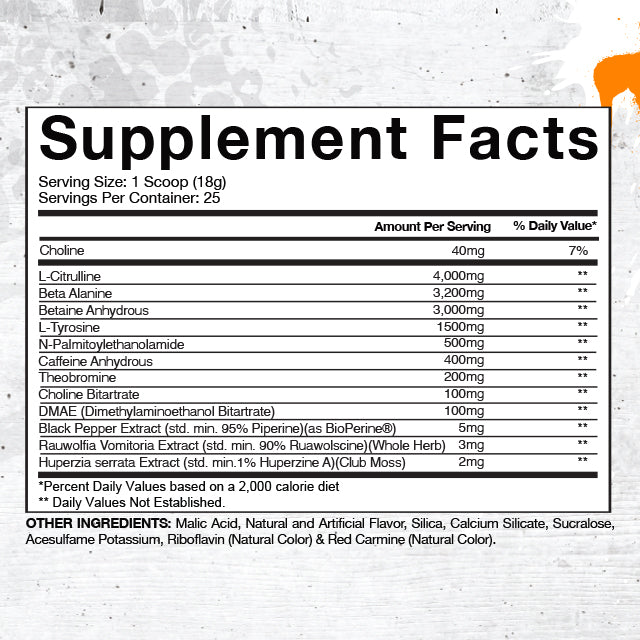 Supplement facts for Gaspari Nutrition Super Pump Aggression pre-workout, listing ingredients and their amounts per serving.