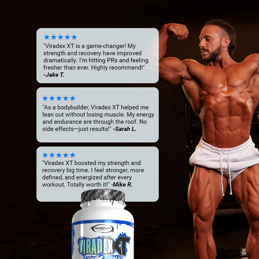 User testimonials for Viradex XT Testosterone Booster featuring strong individual reviews on muscle gains, energy, and recovery improvements.
