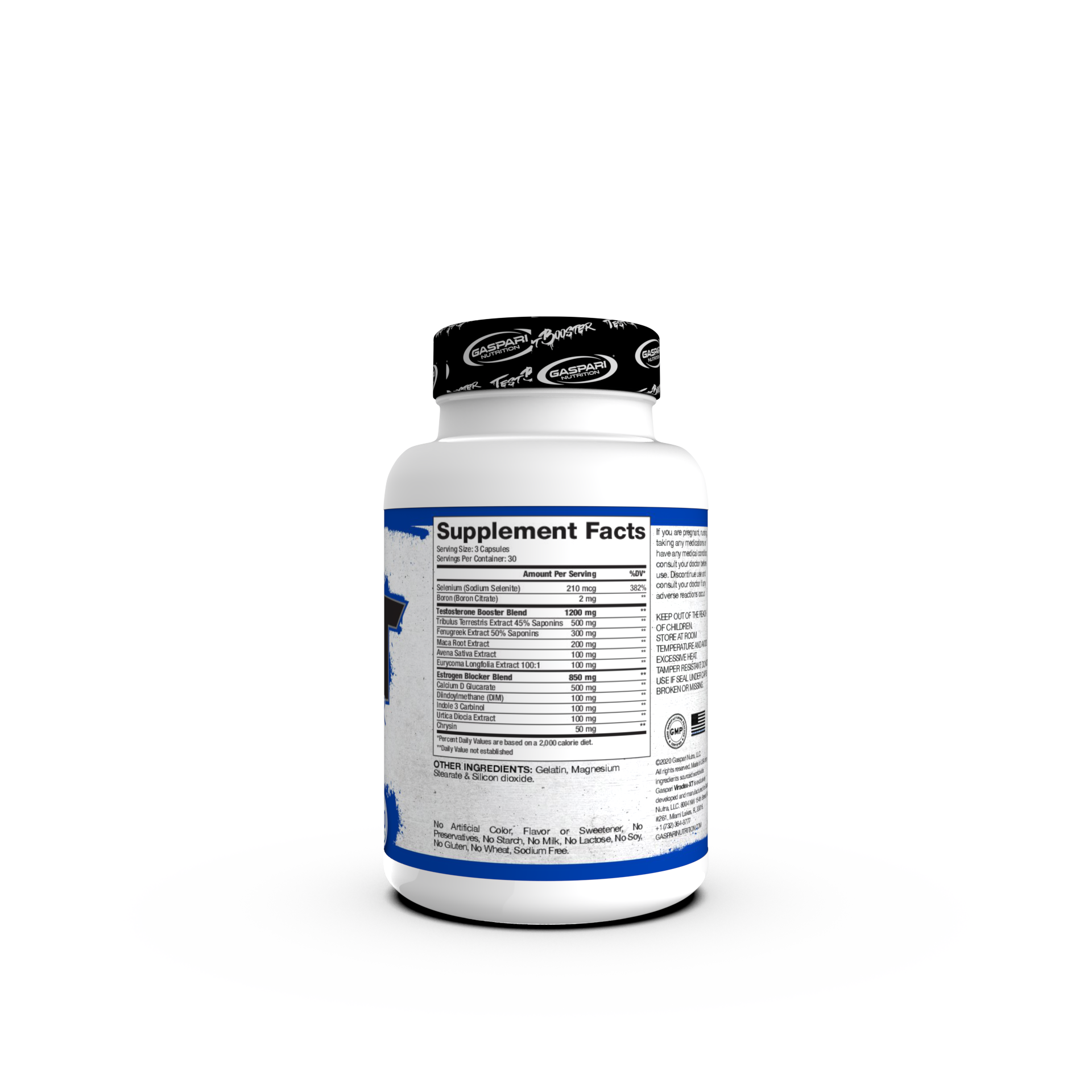 Back view of Viradex XT Test Booster bottle displaying Supplement Facts, ingredients, and usage instructions.