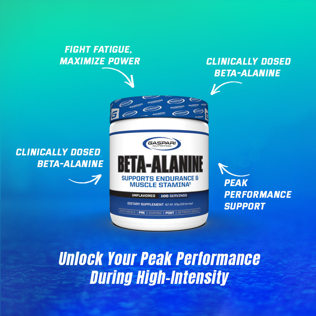 Gaspari Nutrition Beta-Alanine container featuring bold text about support for endurance and muscle stamina, highlighting its clinical dosage and unflavored formula.
