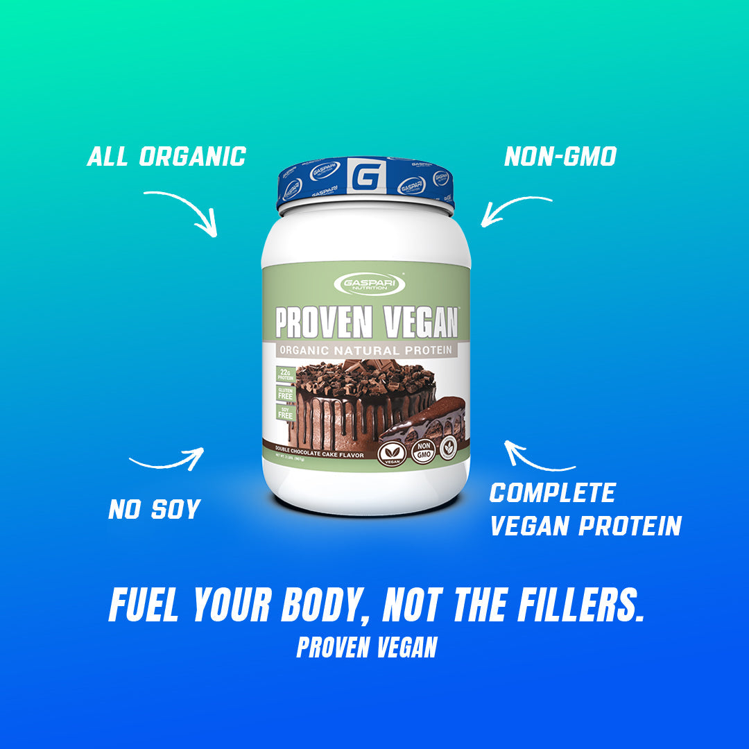 Promotional image for Gaspari Nutrition Proven Vegan™ Organic Plant-Based Protein emphasizing its organic, non-GMO, and soy-free qualities.