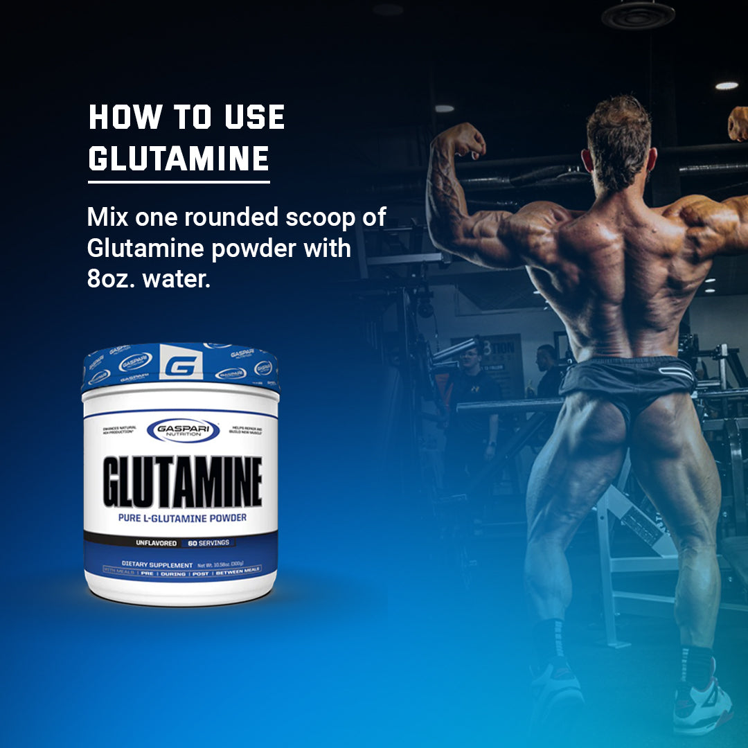 Instructional image on how to use Gaspari Nutrition Glutamine, suggesting to mix one scoop of the powder with 8 ounces of water.
