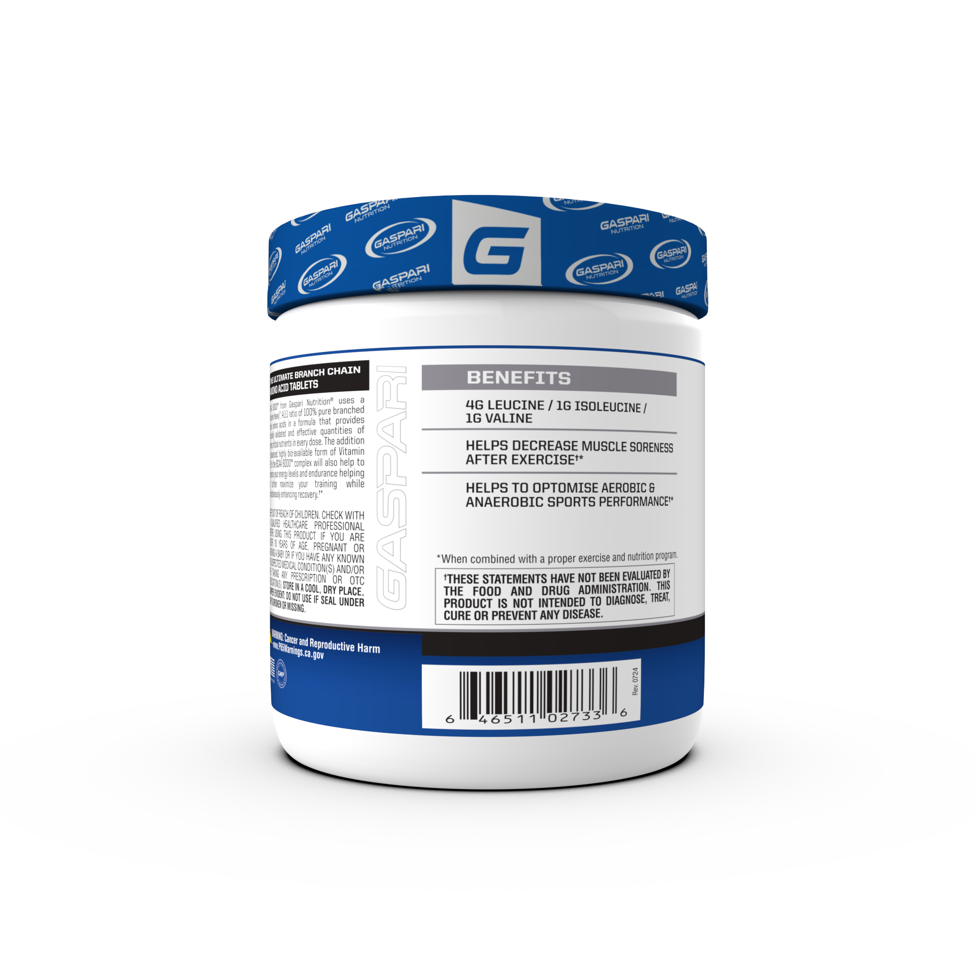 Back view of BCAA 6000™ Tablets by Gaspari Nutrition, highlighting benefits such as decreased muscle soreness and optimized athletic performance.