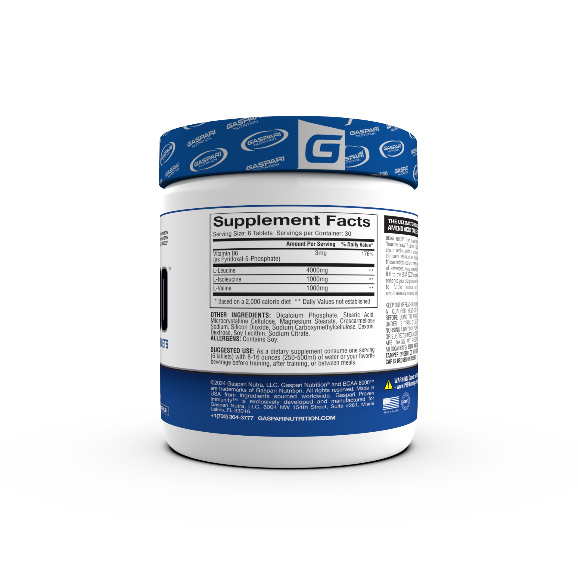Supplement facts for BCAA 6000™ Tablets showing nutritional information including key ingredients like leucine, isoleucine, and valine.