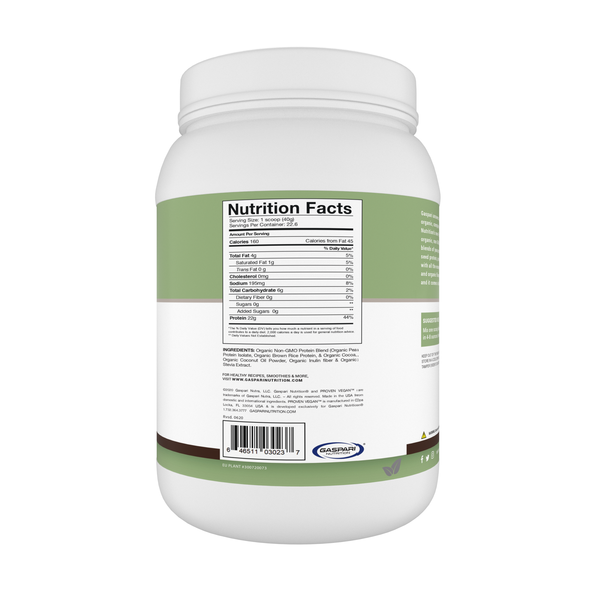Gaspari Nutrition Proven Vegan™ Organic Plant-Based Protein powder jar showcasing Double Chocolate Cake flavor, highlighting 22g protein per serving and Non-GMO ingredients.