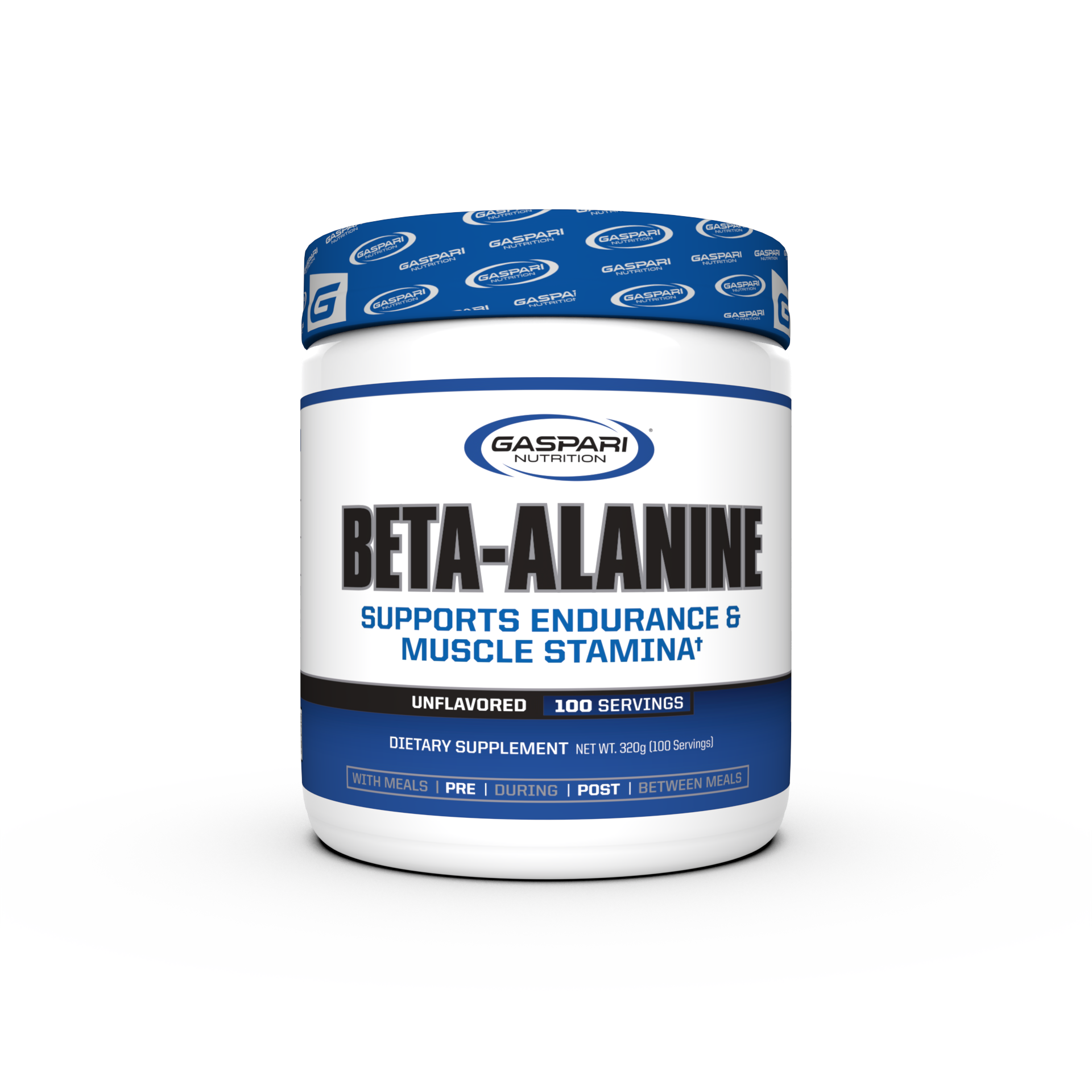 Gaspari Nutrition Beta-Alanine supplement container featuring an unflavored formula that supports endurance and muscle stamina, with 100 servings.