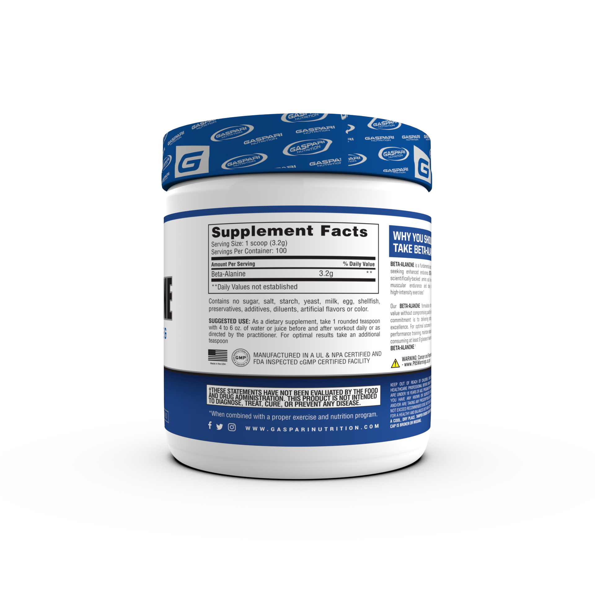 Side view of Gaspari Nutrition Beta-Alanine container showing supplement facts, including serving size and nutritional information.