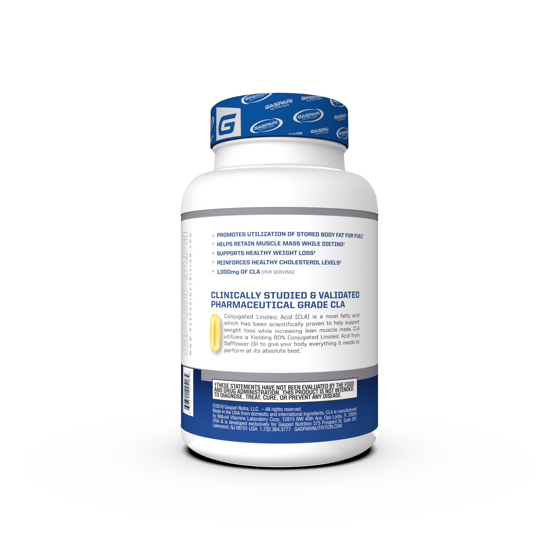 Side view of CLA – 1000mg Softgels for Weight Loss and Muscle Retention by Gaspari Nutrition, highlighting key benefits and features.