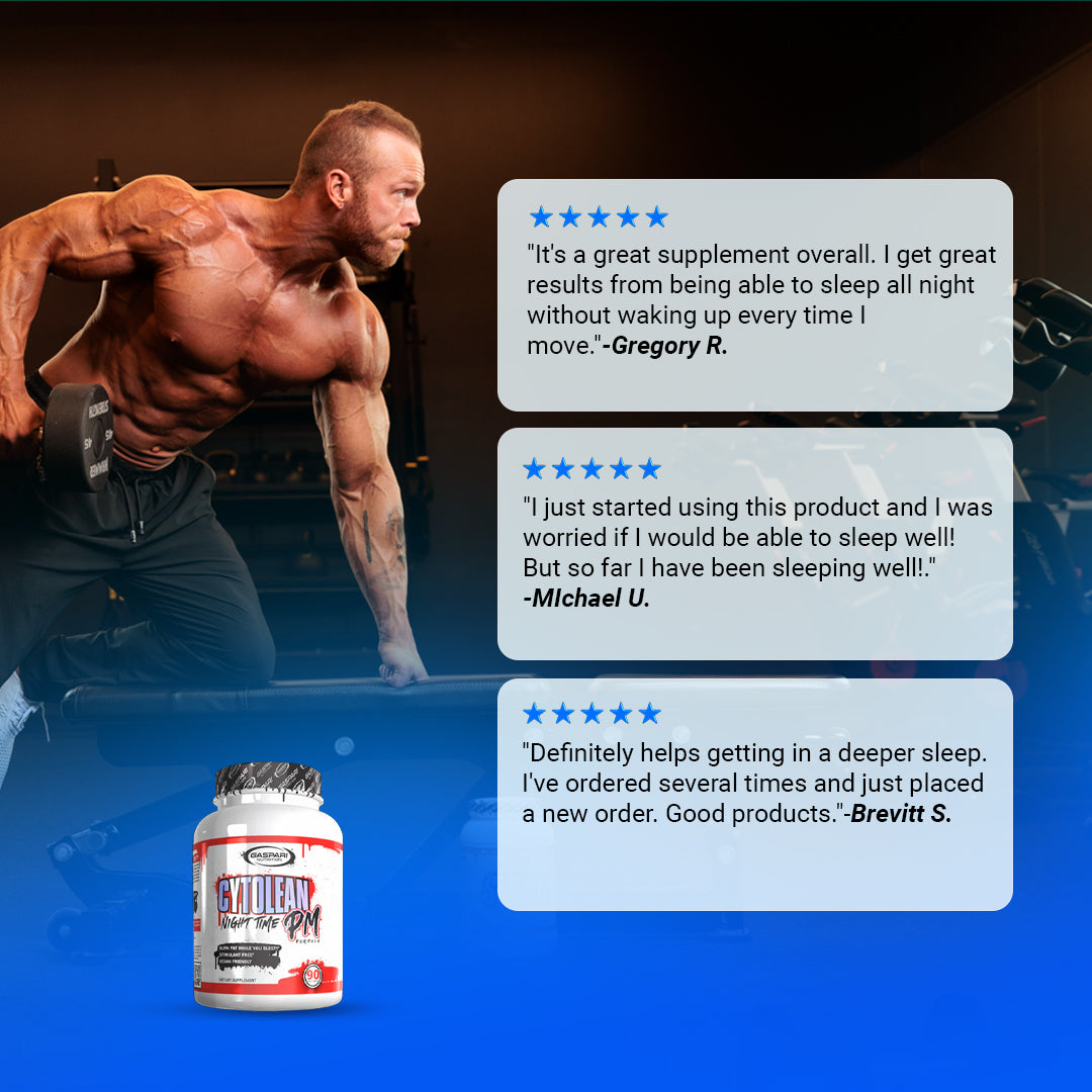 A testimonial image for Gaspari Nutrition CYTOLEAN - Nighttime Fat Burner, highlighting positive reviews from satisfied customers along with a male fitness model holding a dumbbell.