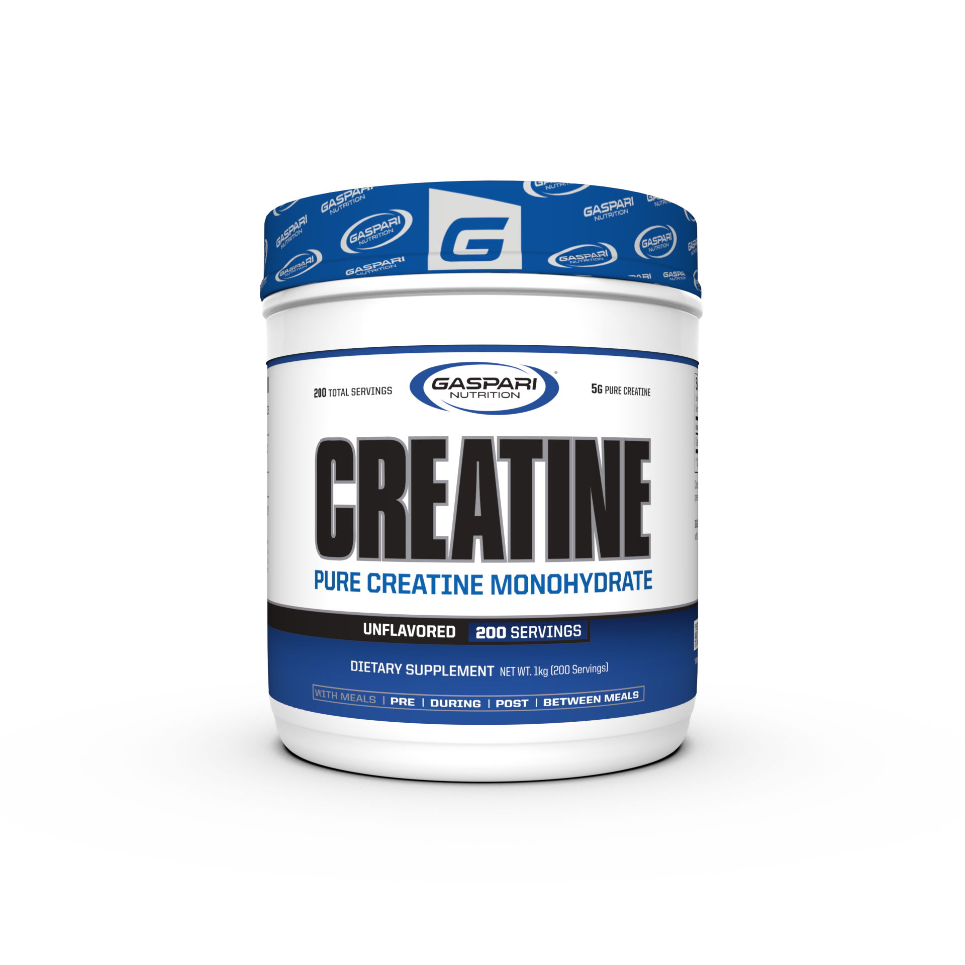 Container of Gaspari Nutrition Creatine, 300g, featuring bold text stating 'CREATINE' and 'PURE CREATINE MONOHYDRATE', with details about serving size and dietary information.