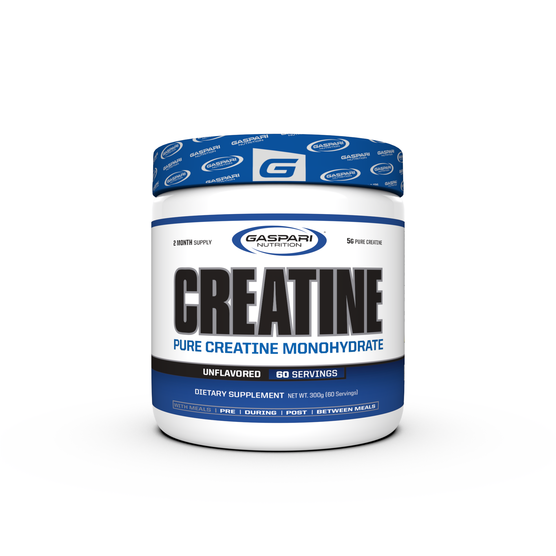Container of Gaspari Nutrition Creatine, 300g, featuring bold text stating 'CREATINE' and 'PURE CREATINE MONOHYDRATE', with details about serving size and dietary information.
