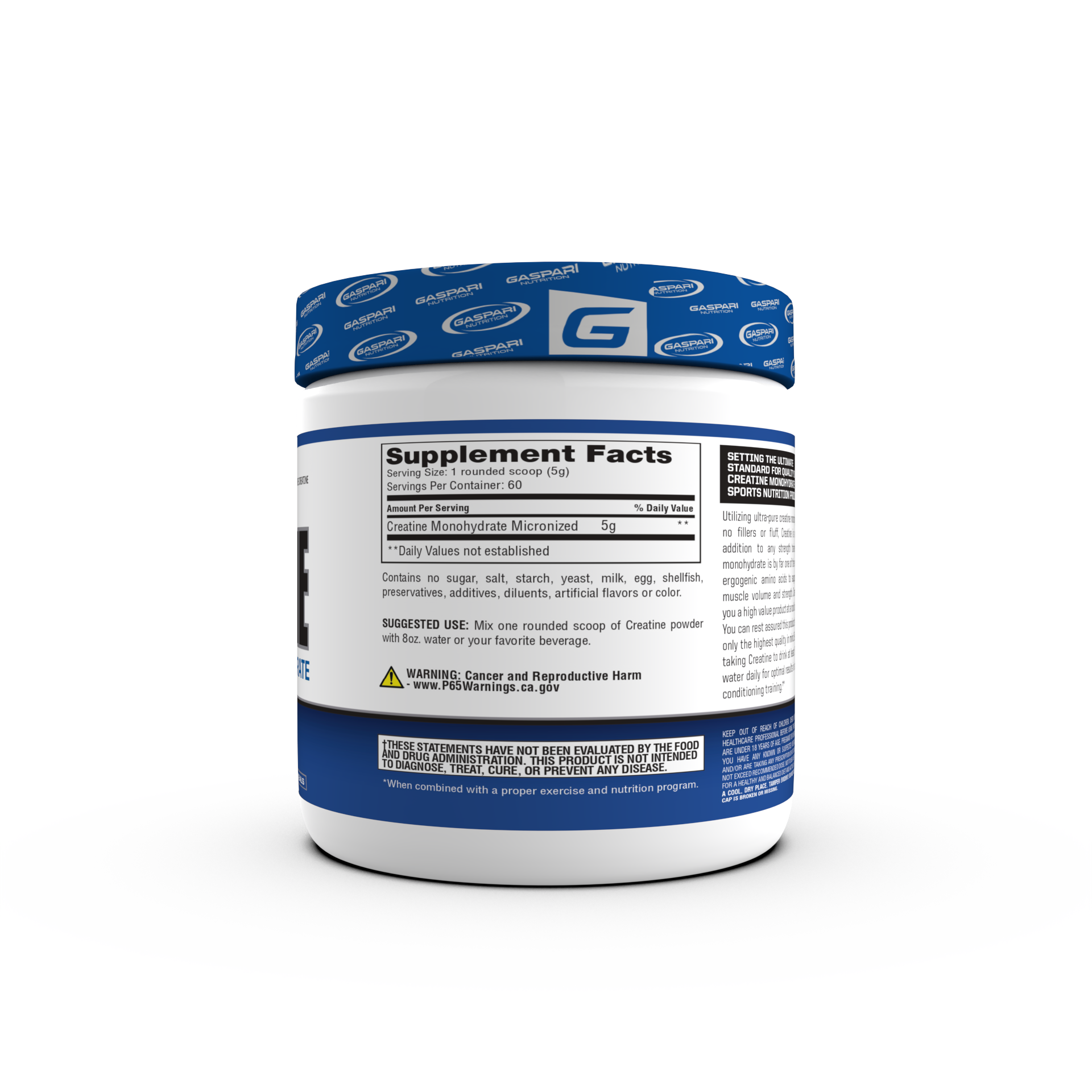 Container of Gaspari Nutrition Creatine, 300g, featuring bold text stating 'CREATINE' and 'PURE CREATINE MONOHYDRATE', with details about serving size and dietary information.
