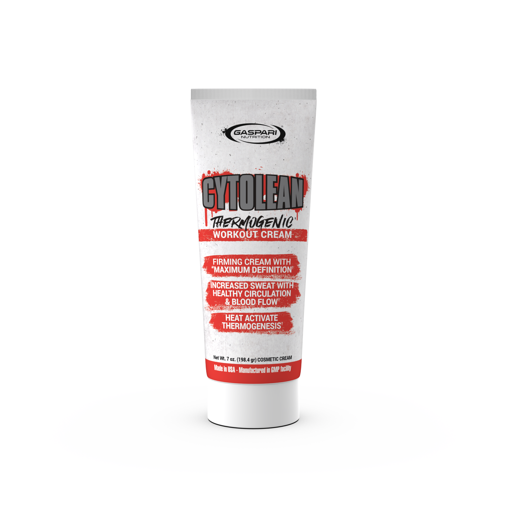 Cytolean Thermogenic Workout Cream tube by Gaspari Nutrition, featuring bold text highlighting its fat-burning and thermogenic properties on a white background.