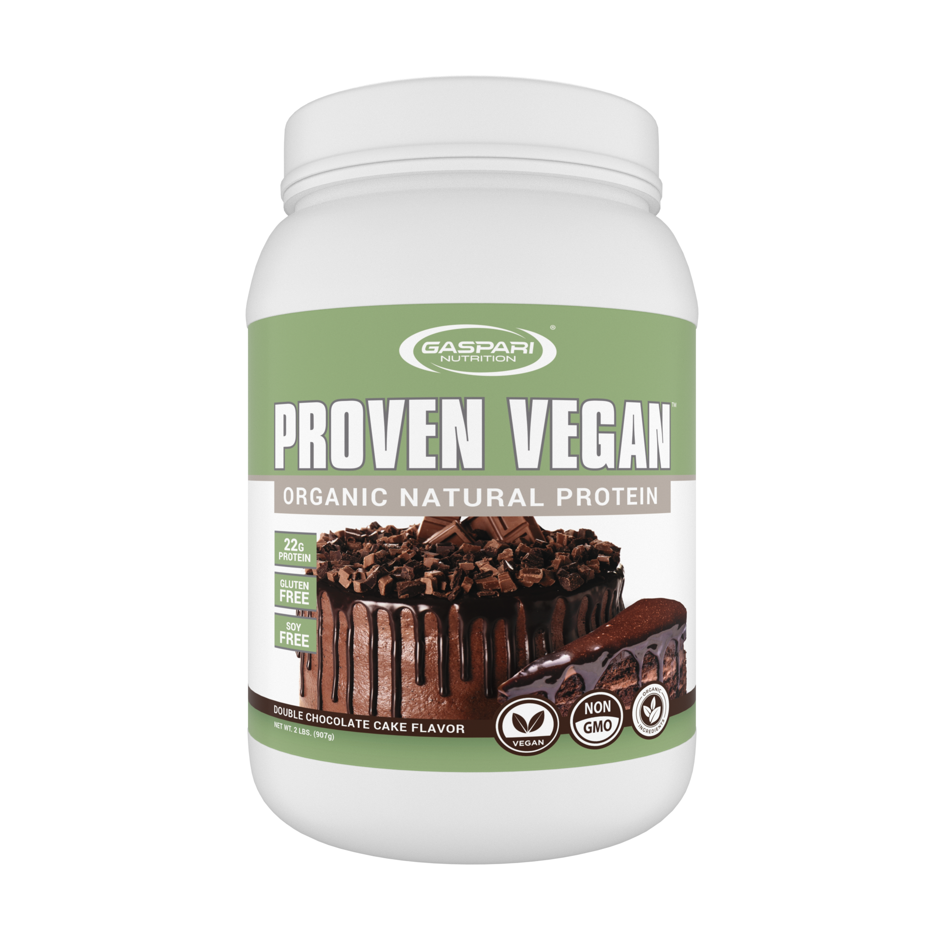 Gaspari Nutrition Proven Vegan™ Organic Plant-Based Protein powder jar showcasing Double Chocolate Cake flavor, highlighting 22g protein per serving and Non-GMO ingredients.