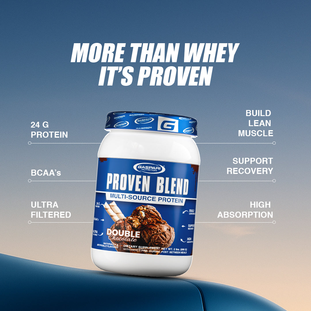Proven Blend triple protein blend showcased with key nutritional benefits such as 24g protein, BCAAs, and high absorption.