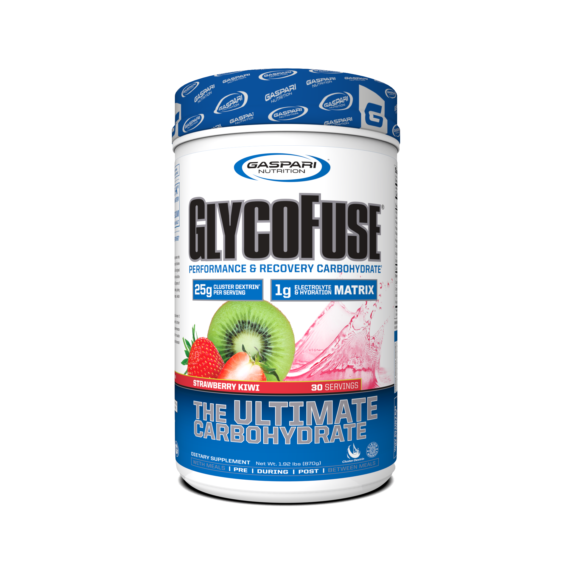 GlycoFuse – Rapid Performance & Recovery Carbohydrate product container showing 25 grams of carbohydrates per serving in Strawberry Kiwi flavor.