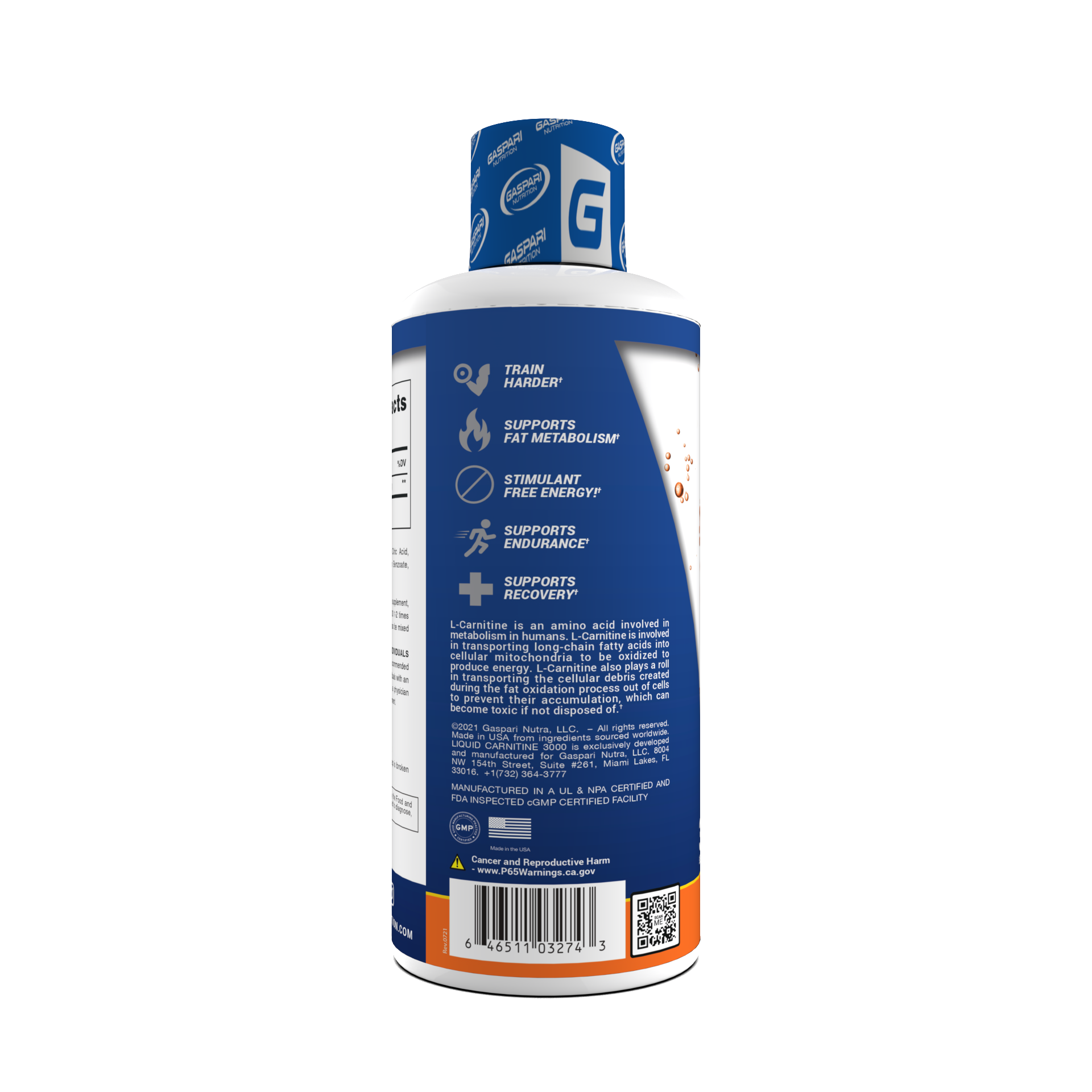 Detailed label of Liquid Carnitine 3000, highlighting features like stimulant-free energy and endurance support.