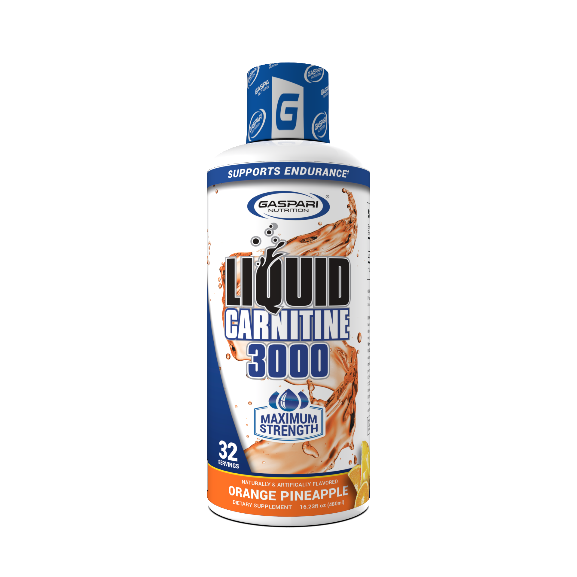 Liquid Carnitine 3000 by Gaspari Nutrition in orange pineapple flavor, promoting metabolism enhancement and energy support.