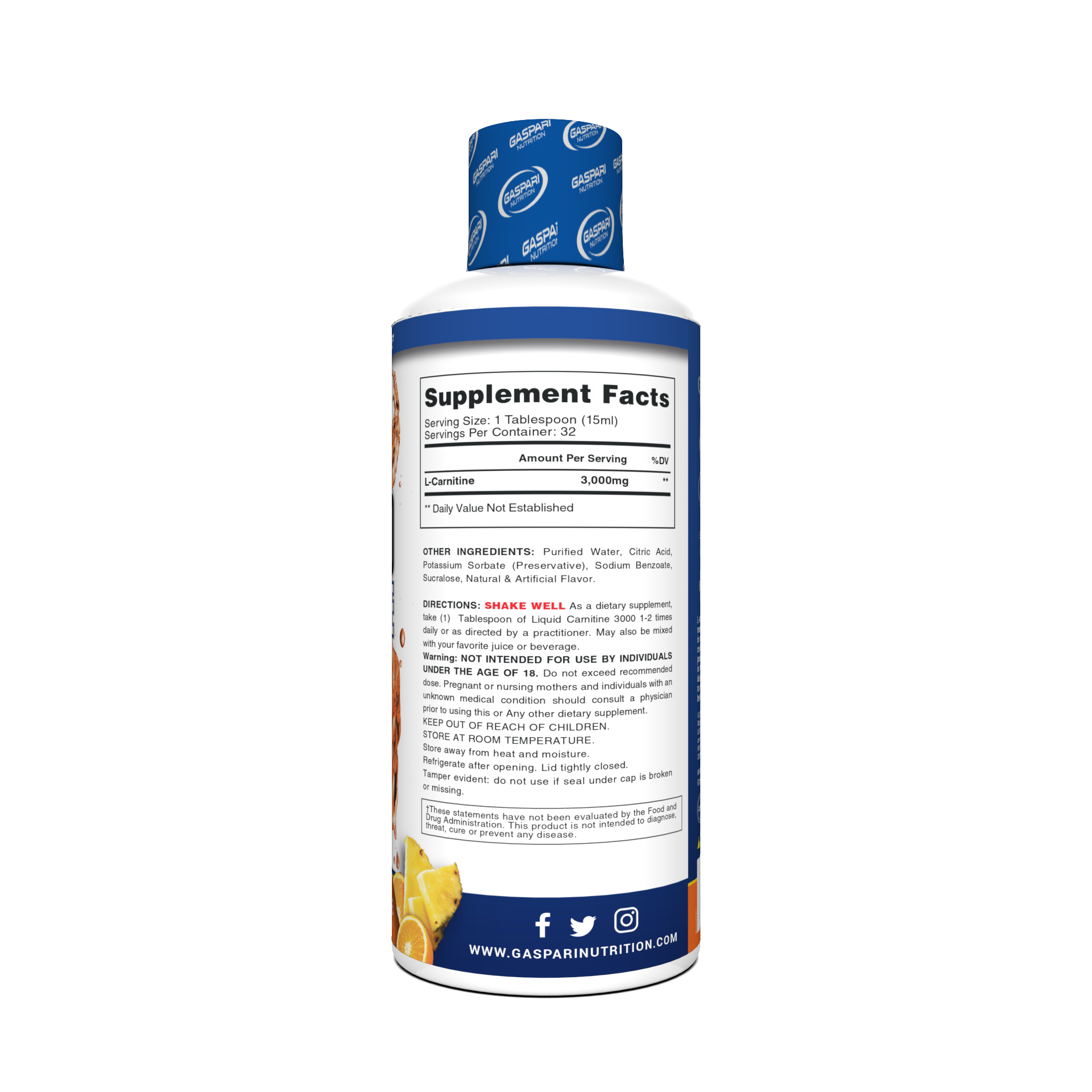 Back label of sour watermelon Liquid Carnitine 3000, listing the supplement facts and directions for use.