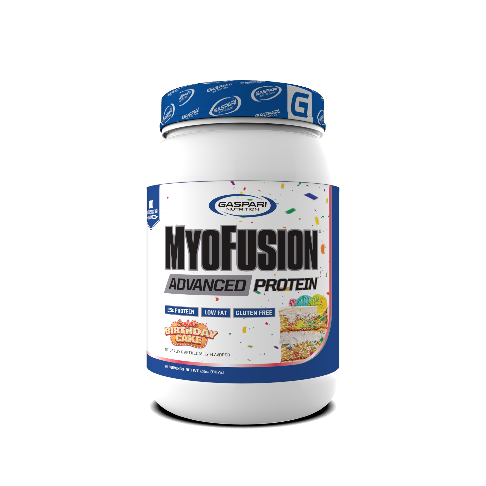 MyoFusion Advanced Protein - Birthday Cake flavor, a delicious protein blend with 25g of protein per serving.