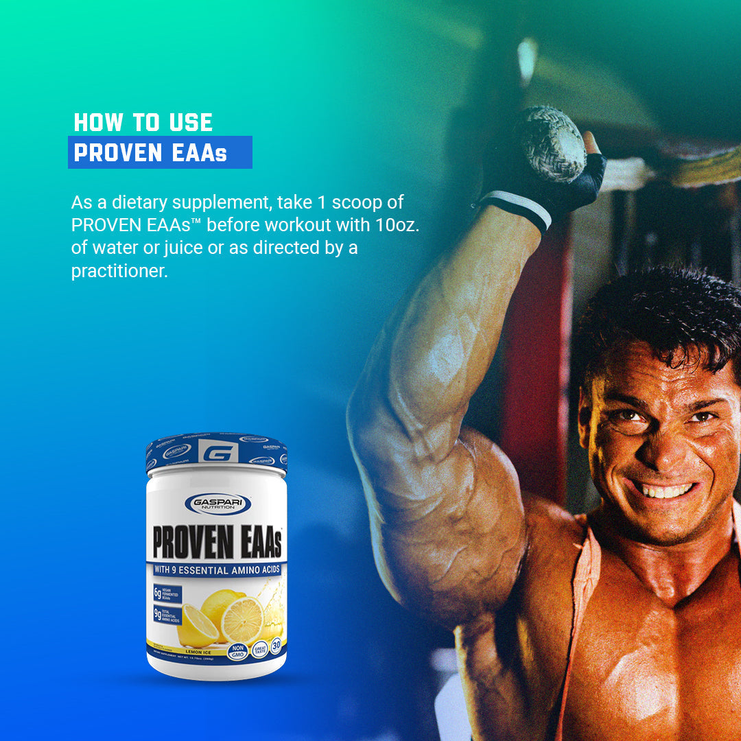 How to use Gaspari Nutrition PROVEN EAAs™ with 9 Essential Amino Acids, showcasing recommended serving suggestions for workouts.