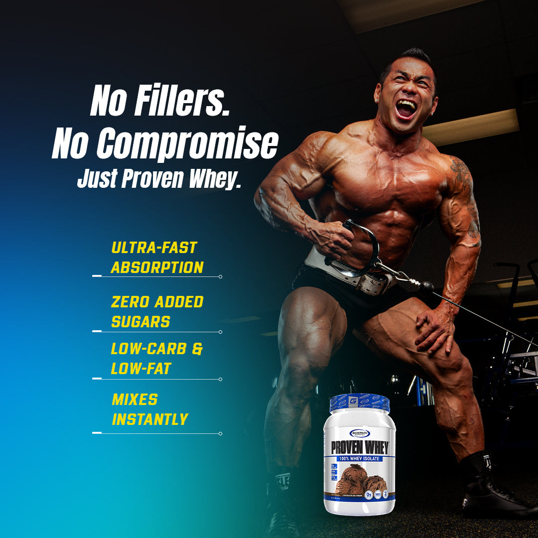 Muscular athlete using Gaspari Proven Whey – 100% Hydrolyzed Whey Protein Isolate in workout, emphasizing its benefits as a high-quality Whey Protein.