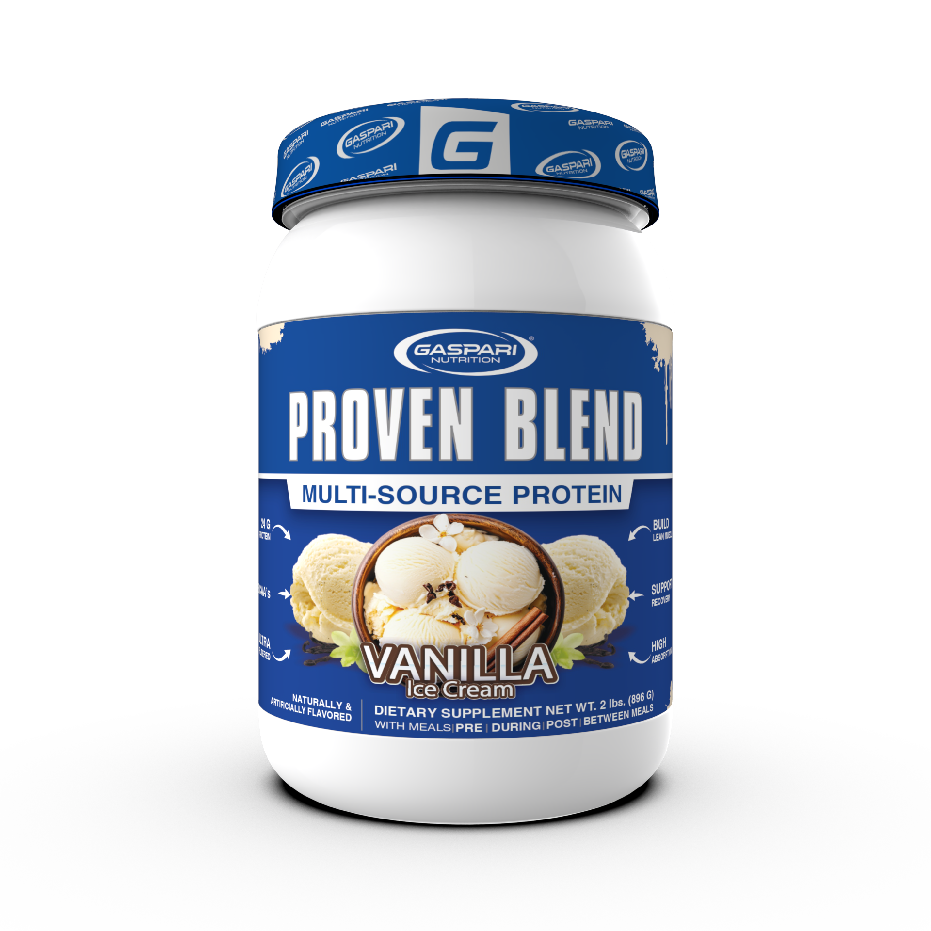 Proven Blend triple protein blend protein powder in vanilla ice cream flavor, packed with 24g of protein per scoop.