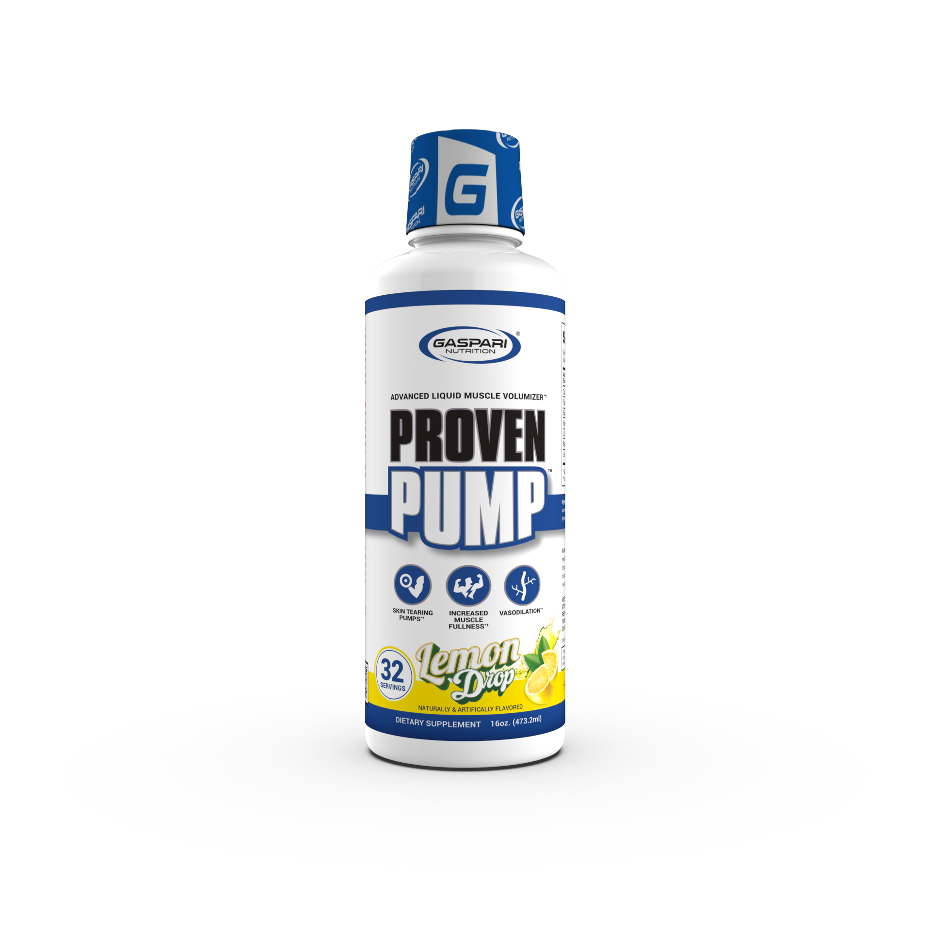 Bottle of Proven Pump by Gaspari Nutrition featuring a lemon drop flavor, designed as an advanced liquid muscle volumizer for fitness enthusiasts.