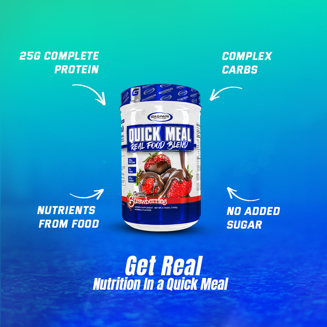 Gaspari Nutrition Quick Meal | Real Food Blend advertisement highlighting its nutrition benefits: 25g complete protein, nutrients from food, complex carbs, and no added sugar.