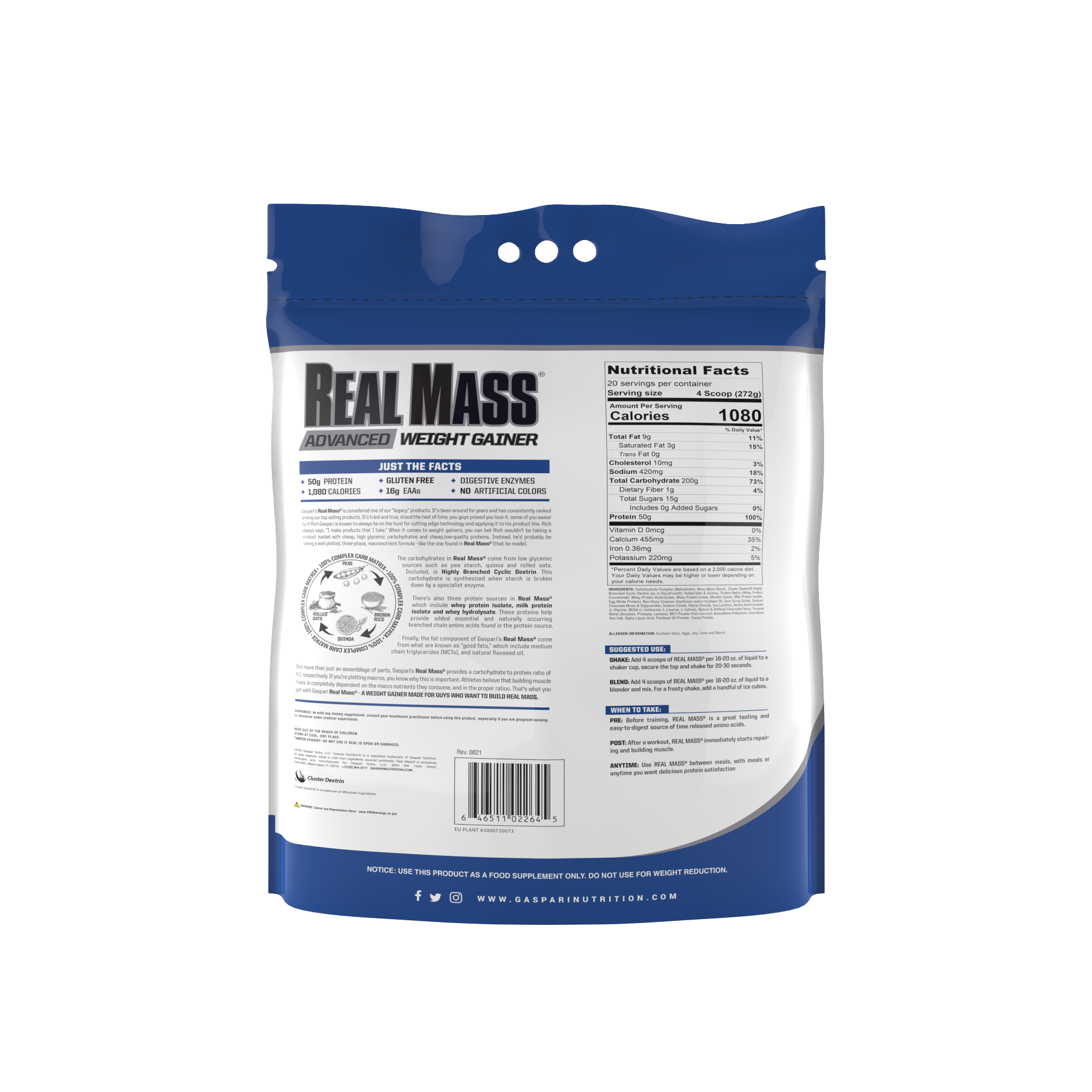 Back view of Gaspari Nutrition Real Mass weight gainer 12 lb bag, highlighting nutritional facts and benefits, designed for advanced weight gain.