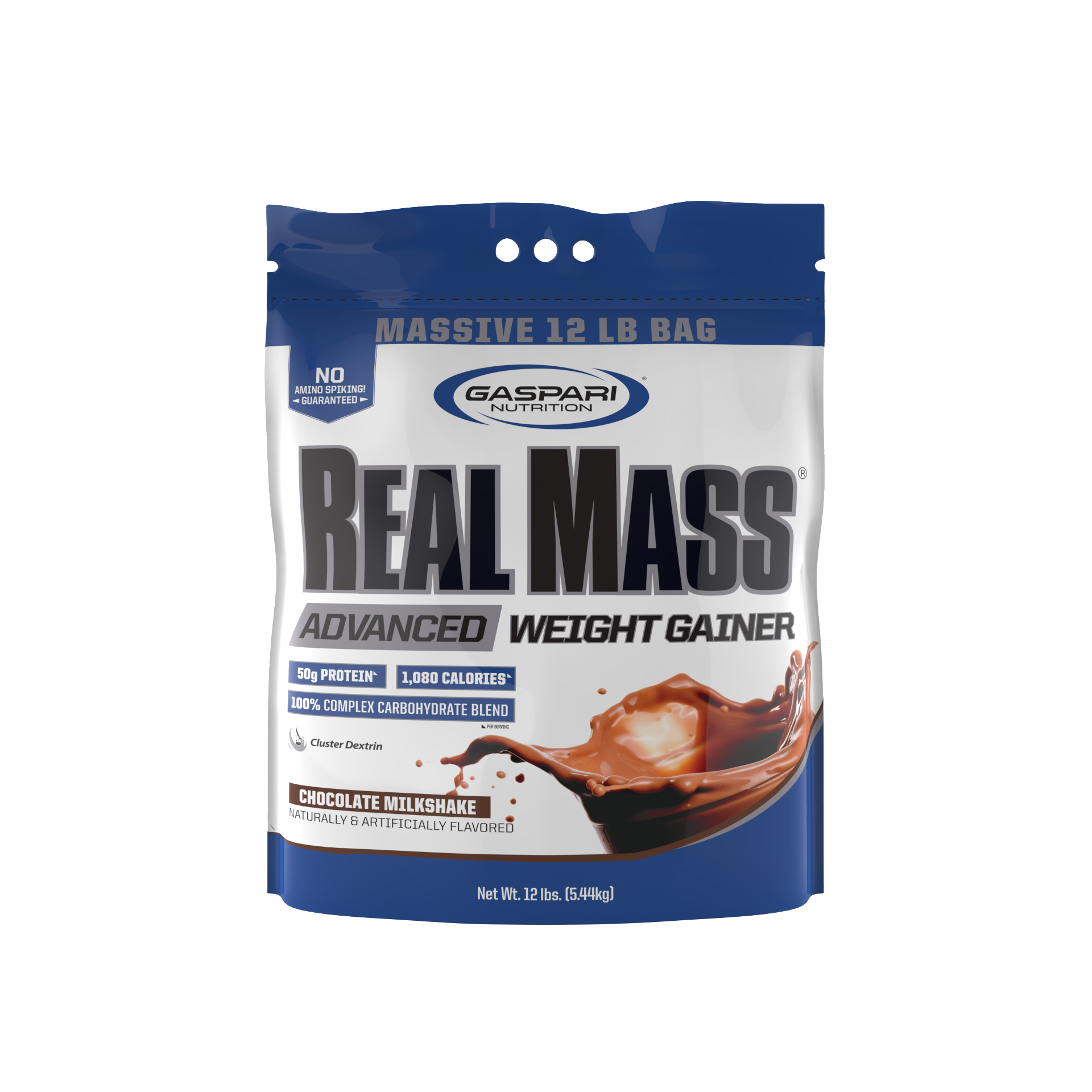 Gaspari Nutrition Real Mass weight gainer in a massive 12 lb bag, featuring chocolate milkshake flavor with 50 grams of protein and 1080 calories.