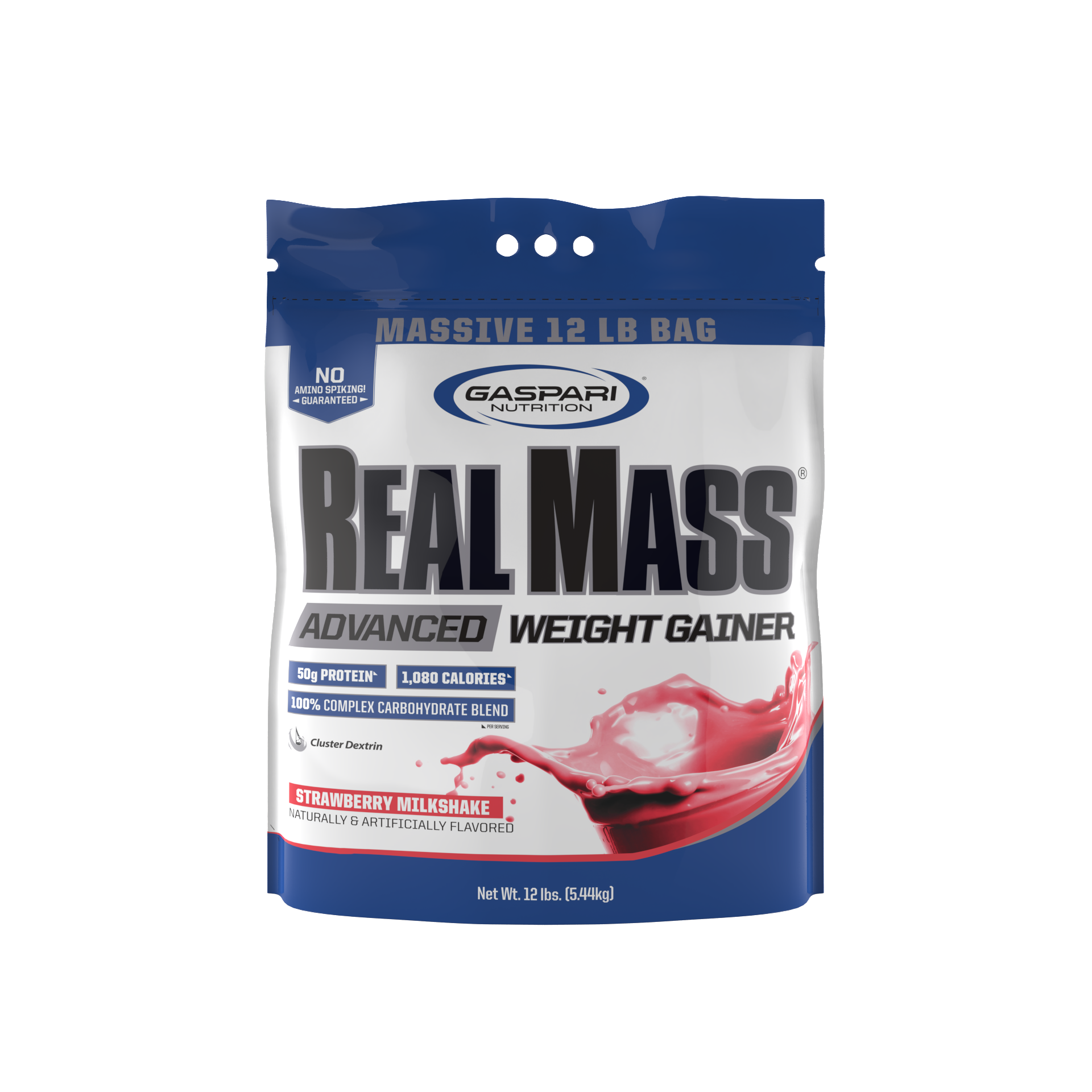 Gaspari Nutrition Real Mass weight gainer in a 12 lb bag showcasing strawberry milkshake flavor, perfect for those looking to gain weight with delicious options.