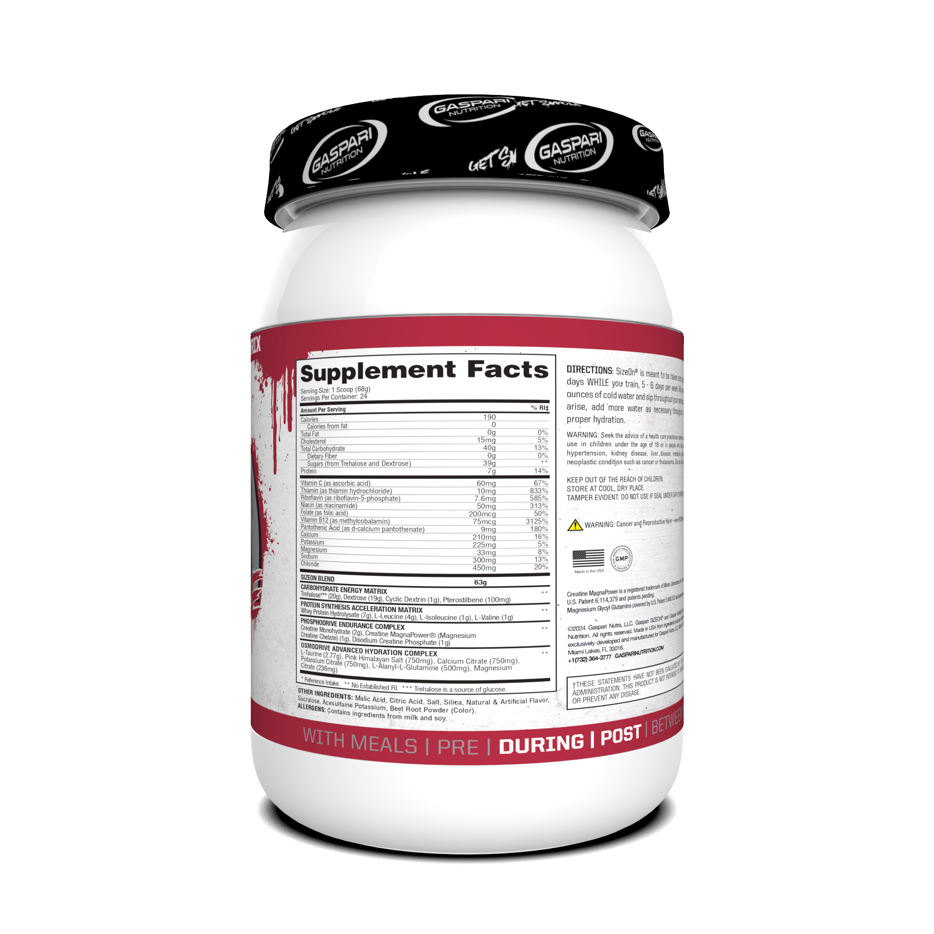 Back view of SizeOn Get Swole container showing supplement facts for Intra-Workout performance.