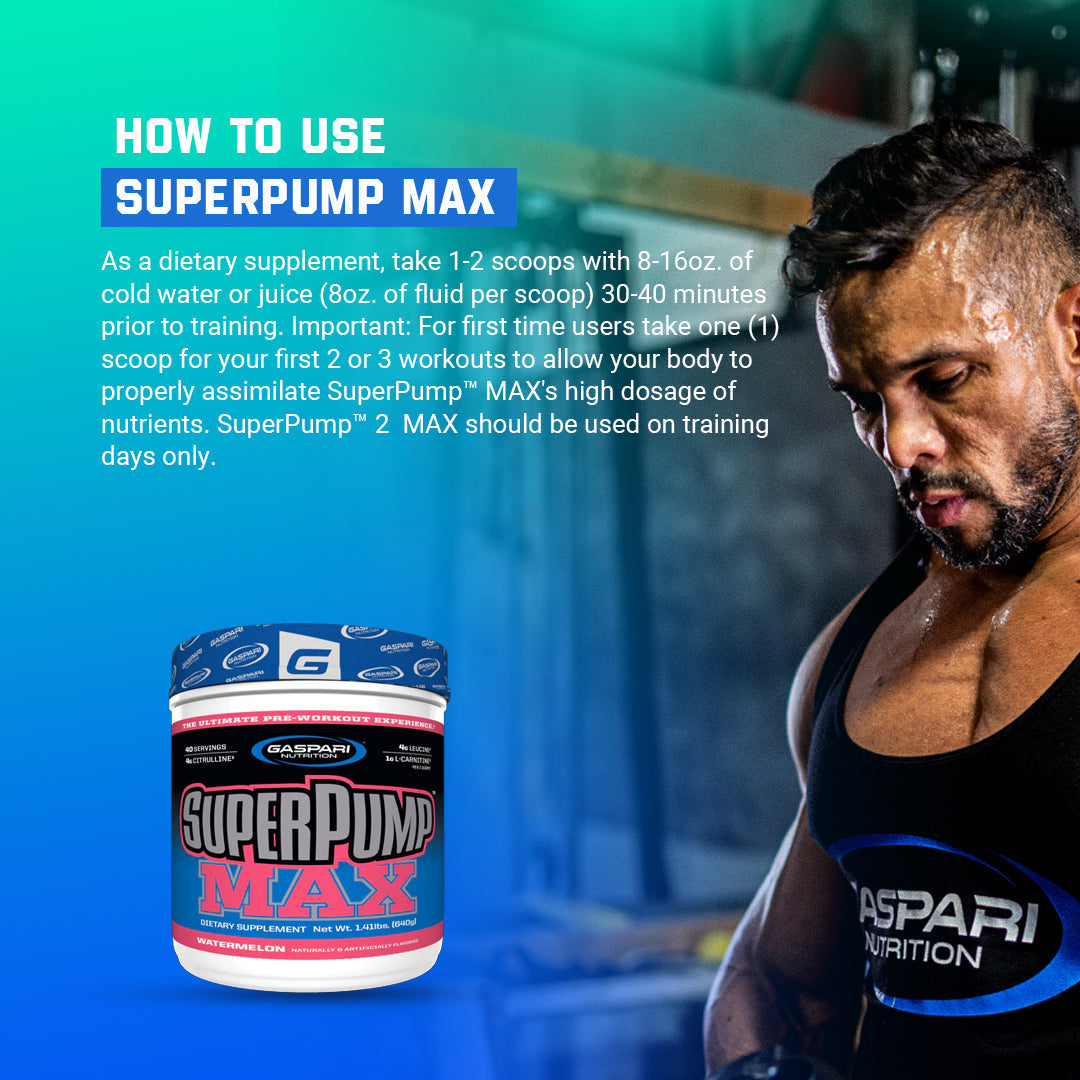Instructions for using Gaspari Nutrition SuperPump Max pre-workout showing the supplement container and tips for first-time users.