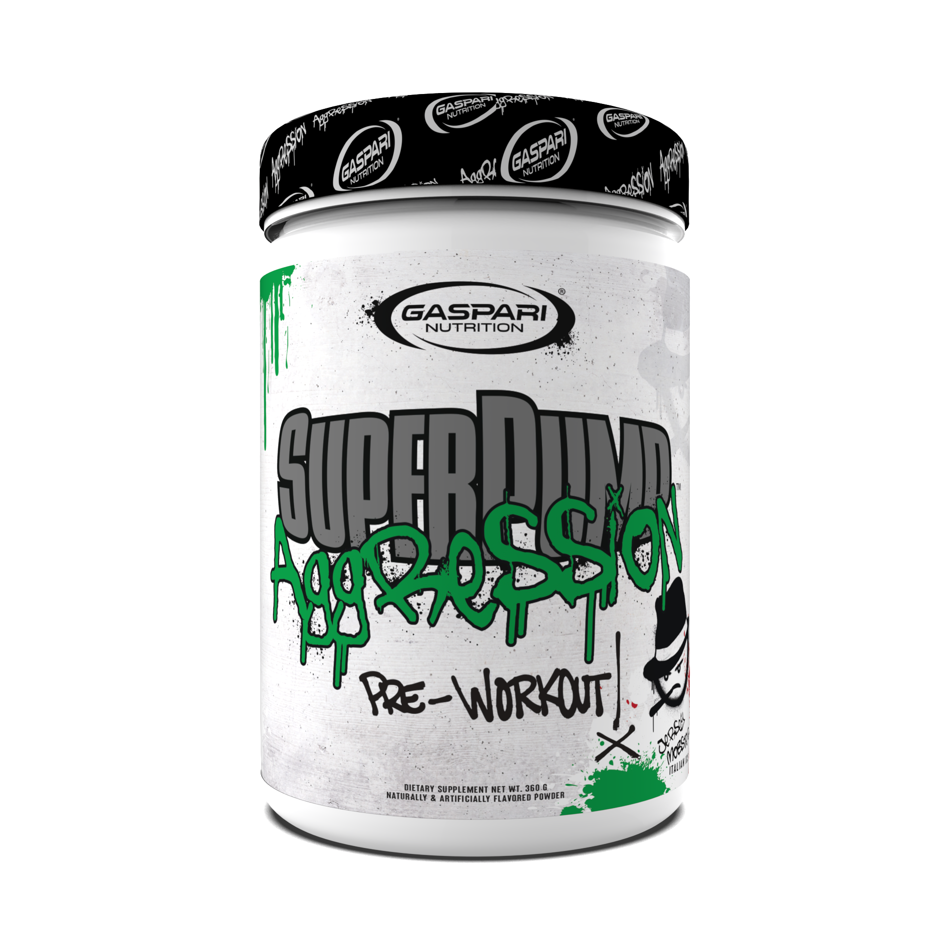 Gaspari Nutrition Super Pump Aggression pre-workout container with graffiti-style design and "Cucumber Lime" flavor.

