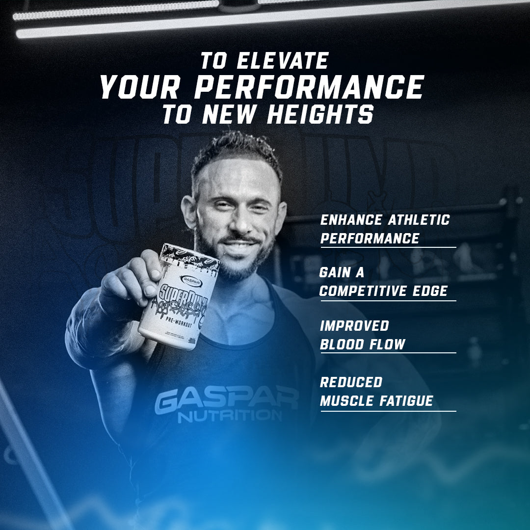 Athlete holding Gaspari Nutrition Super Pump Aggression pre-workout with benefits listed: enhance athletic performance, gain a competitive edge, improved blood flow, and reduced muscle fatigue.